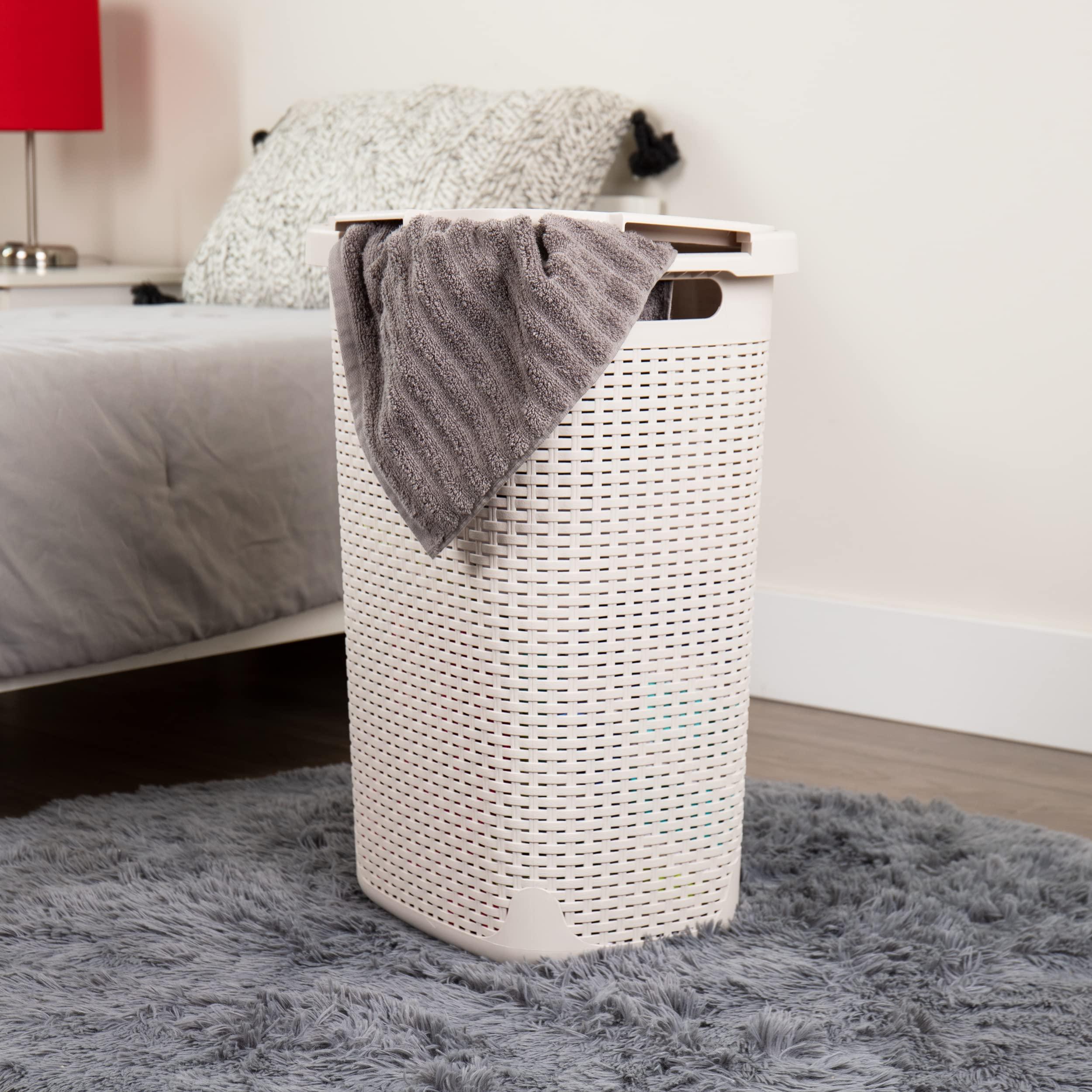 Mind Reader 60L Slim Laundry Hamper, Clothes Basket, Lid, Wicker Design, Plastic, 17.65"L x 13.75"W x 24.15"H, Ivory - Image 2