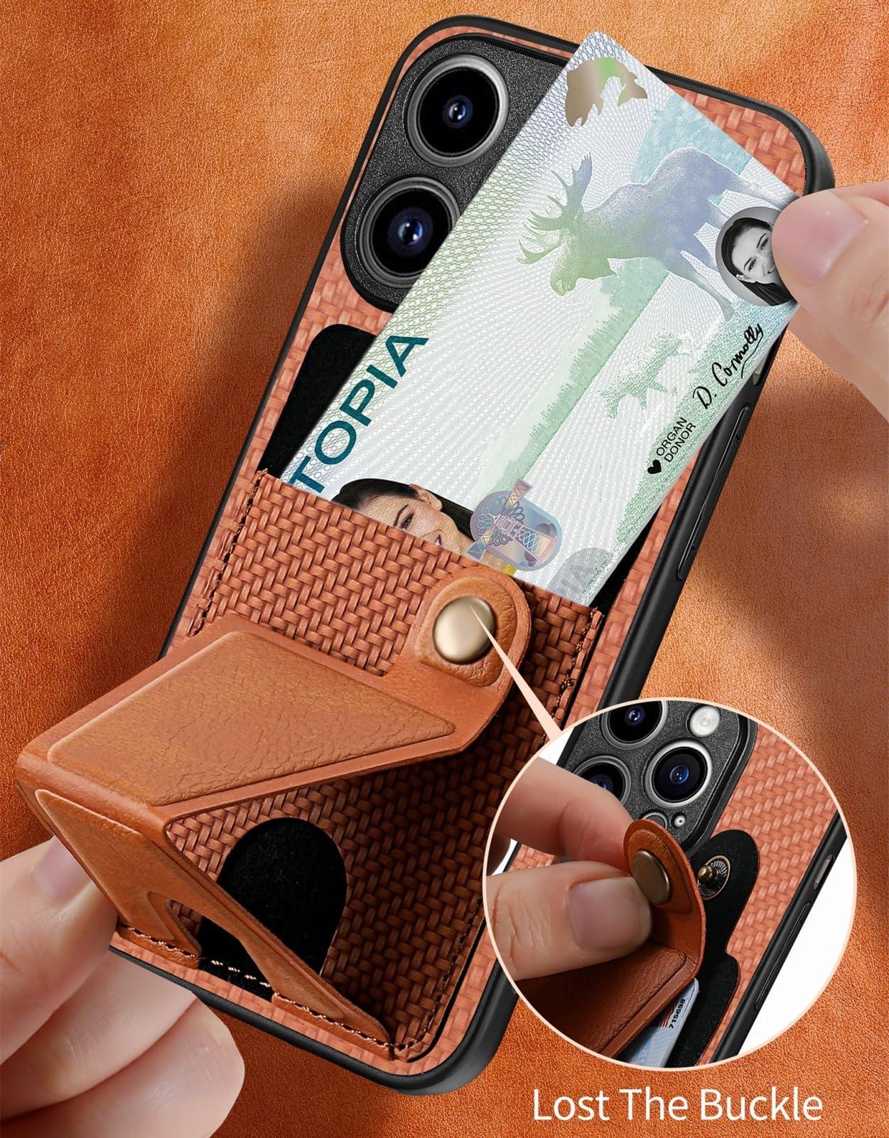 GuluGuru for iPhone 16 Pro Max Leather Phone Case Weave Pattern Back Cover, Flip Folding Kickstand Bracket Ring, Classic Buckle Button, Card Holder Slot, Support Magnetic Holder Brown - Image 5