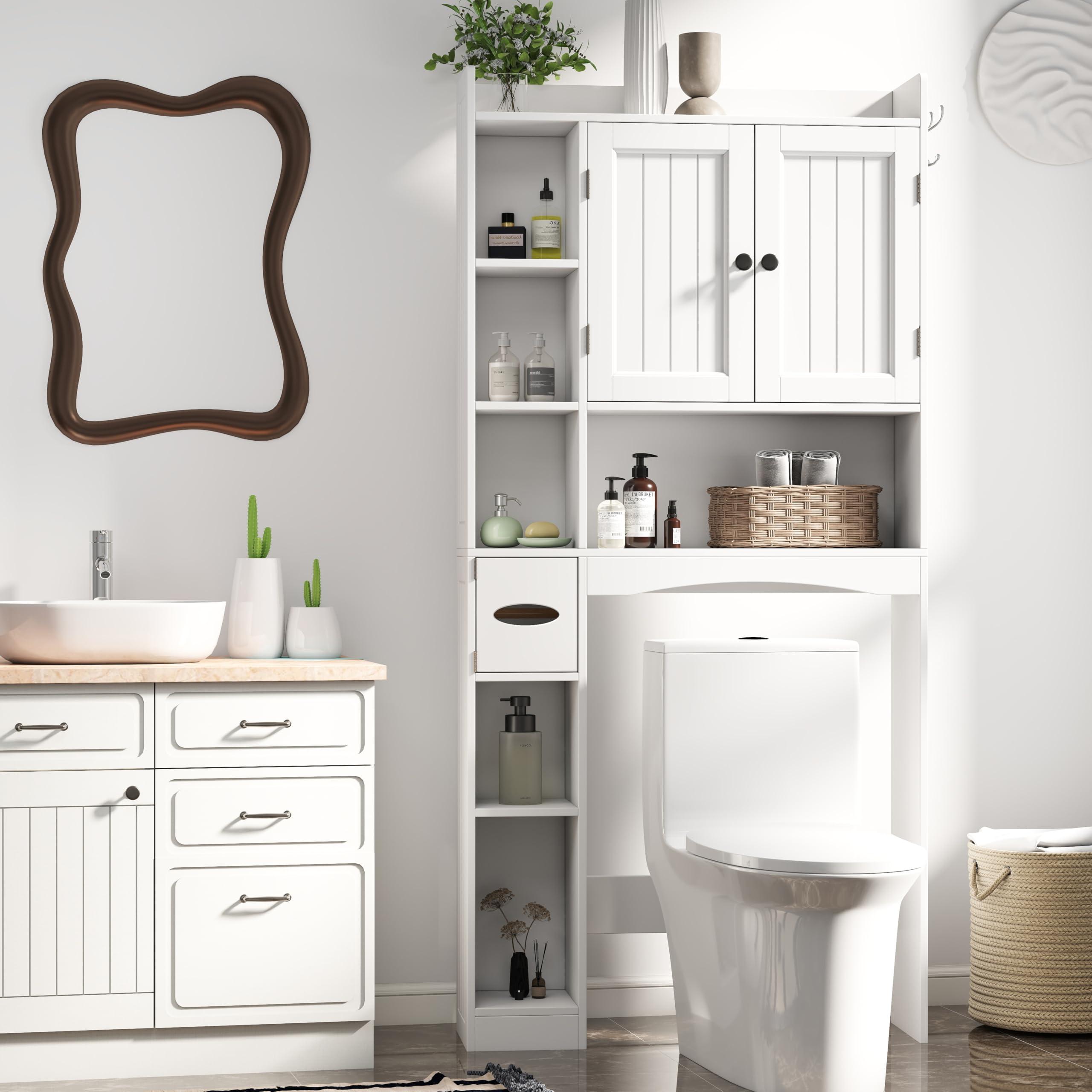 Gizoon Over The Toilet Storage Cabinet, 66''H Over Toilet Bathroom Organizer, Double Door Storage Cabinet Over Toilet, with Paper Holder and Racks, Adjustable Shelf, Bottom Bar, for Bathroom, White - Image 3