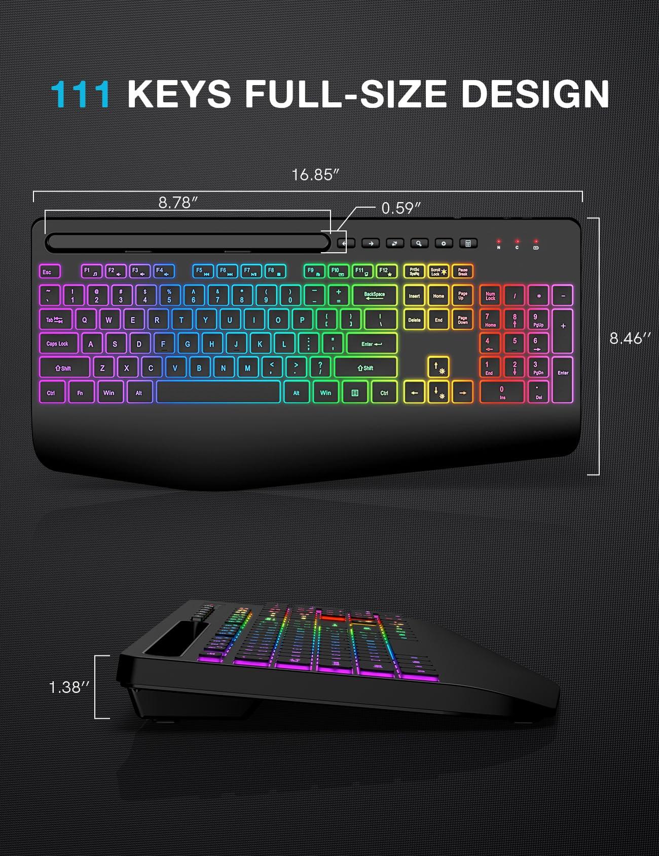 Wireless Keyboard with 8 Colored, 9 Effects Backlits, Wrist Rest, Phone Holder, Rechargeable Ergonomic Computer Keyboard with Silent Keys, 2.4G Lag-Free Cordless Set for PC, Laptop, Windows, MacBook - Image 9