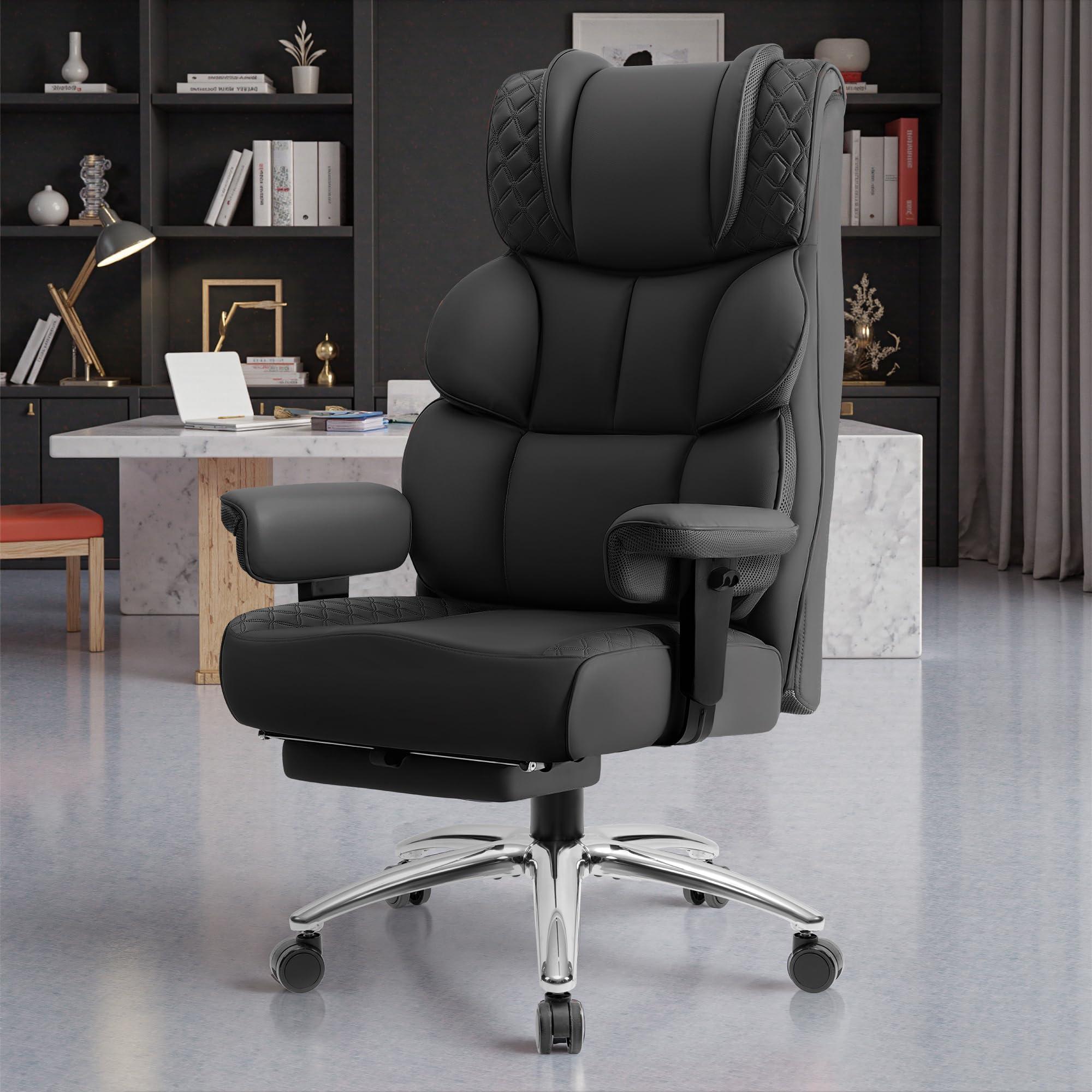 BestGlory Office Desk Chair, Big and Tall Leather Gaming Chair with Footrest, Wide Ergonomic Comfy Executive High-Back Reclining Computer Chairs, Swivel Rolling Wheels and Padded Lumbar Support, Black - Image 7