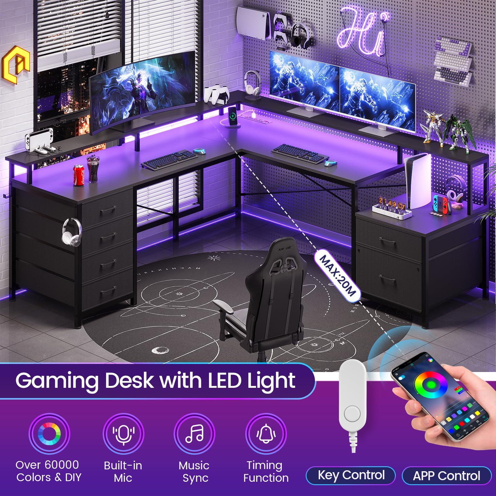 SEDETA L Shaped Desk with 6 Drawer, 108" Home Office Desk with File Drawer & Power Outlet, Corner Computer Desk with Monitor Shelf, File Cabinet, Two Person Desk, Gaming Desk with Led Lights, Black - Image 9