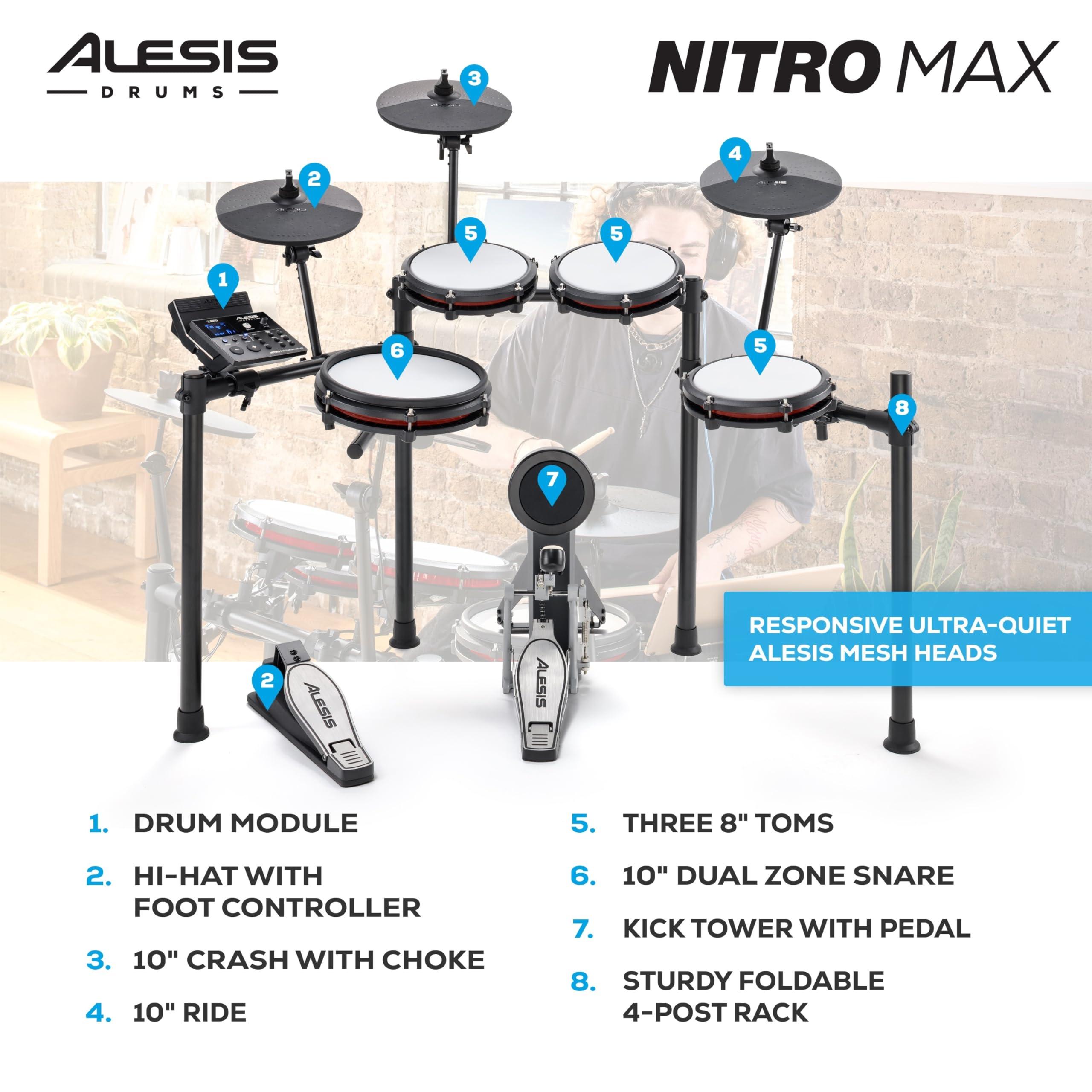 Alesis Nitro Max Kit Electric Drum Set with Quiet Mesh Pads, 10" Dual Zone Snare, Bluetooth, 440+ Authentic Sounds, Drumeo, USB MIDI, Kick Pedal - Image 4