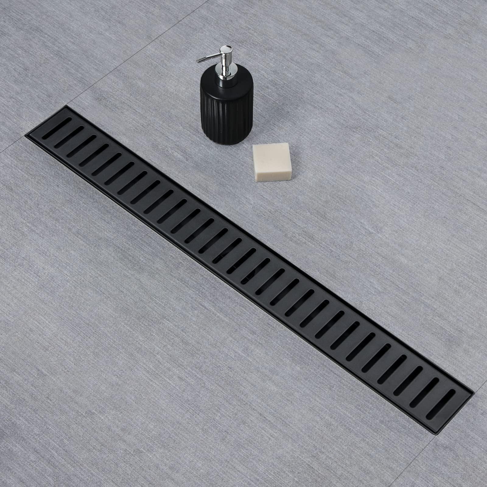 SaniteModar Linear Shower Drain, 32 inch Black Shower Drain with Removable Capsule Pattern Grate,304 Stainless Steel Shower Drain Include Hair Strainer,Adjustable Leveling Feet