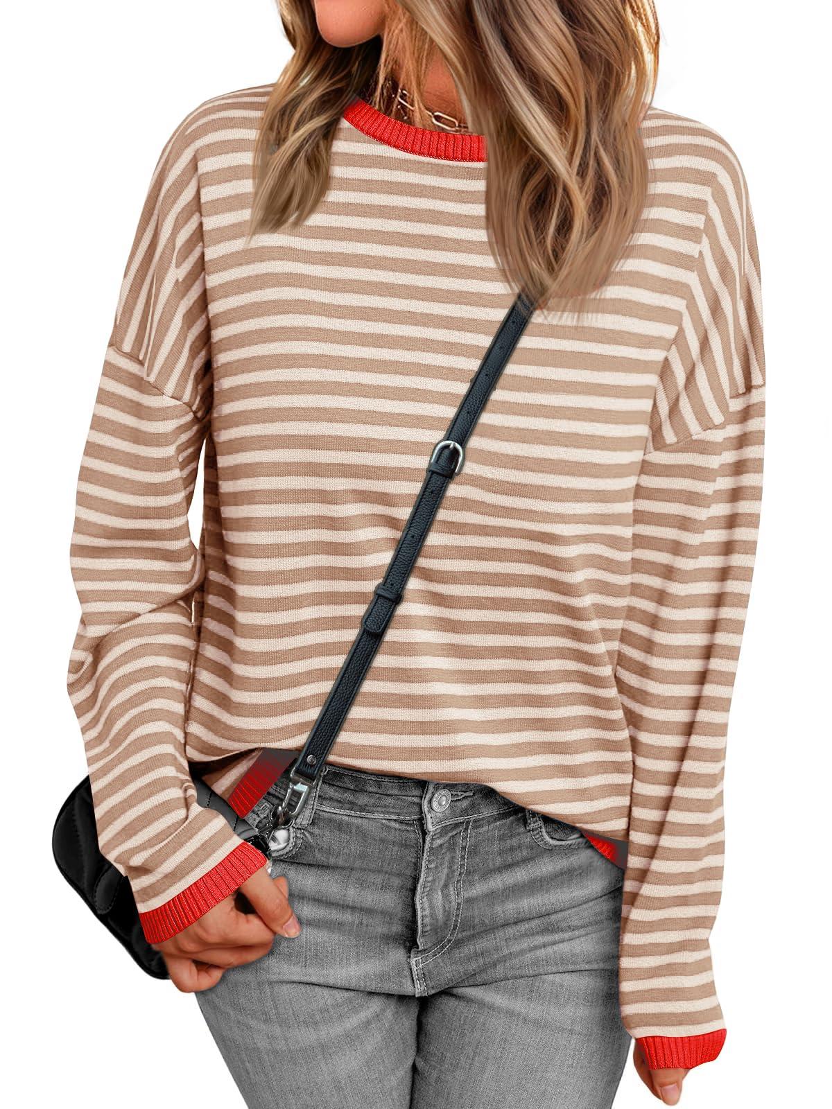 LUYAA Women's Casual Pullover Sweaters Striped Long Sleeve Crewneck Knit Loose Fall&Winter Tops