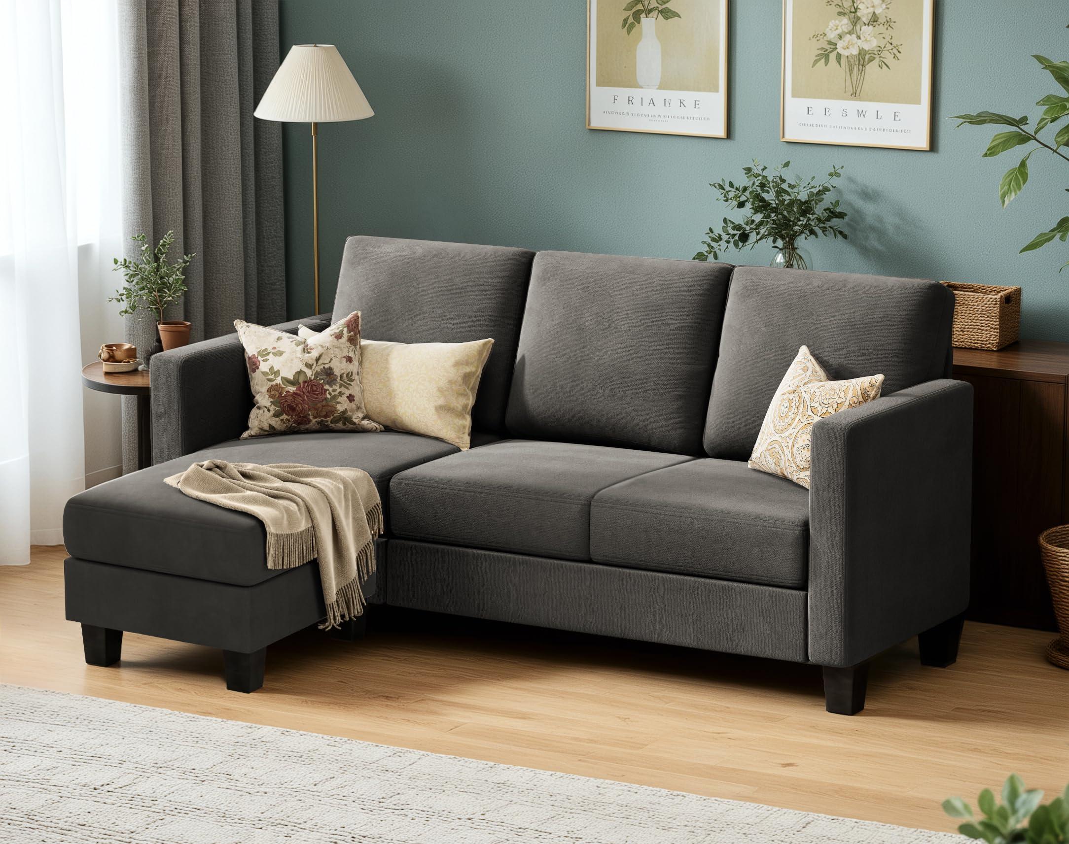 VICTONE Convertible Sectional Sofa Couch, 3 Seat L-Shaped Sofa with Linen Fabric Ottoman Small Couch for Small Apartments, Living Room and Office (Linen Fabric, Dark Gray) - Image 3
