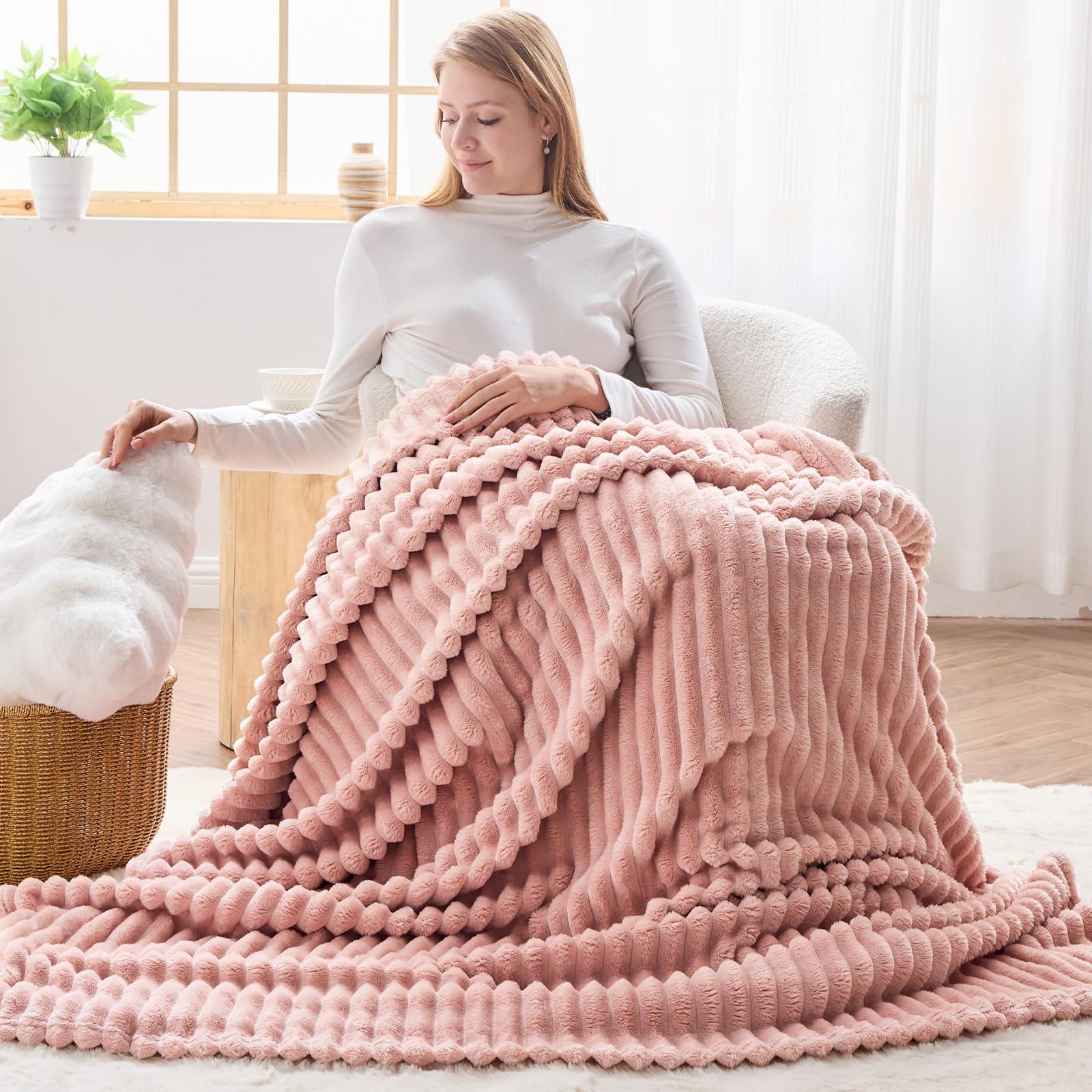 NEWCOSPLAY Super Soft Throw Blanket Pink Premium Silky Flannel Fleece 3D Ribbed Jacquard Lightweight Bed Blanket All Season Use (Pink Ribbed, Throw(50"x60")) - Image 7
