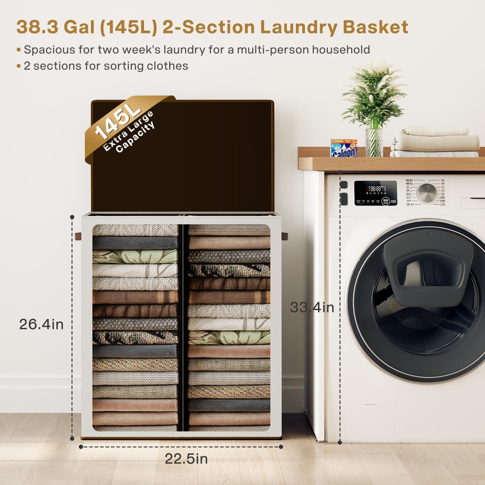 SOLEDI Luxury Double Laundry Hamper with Lid and Removable Bags, Large Hamper for Laundry, Laundry Basket 2 Sections, Collapsible Ditry Clothes Hamper for Bedroom, Laundry Room, Bathroom, Off-white - Image 2