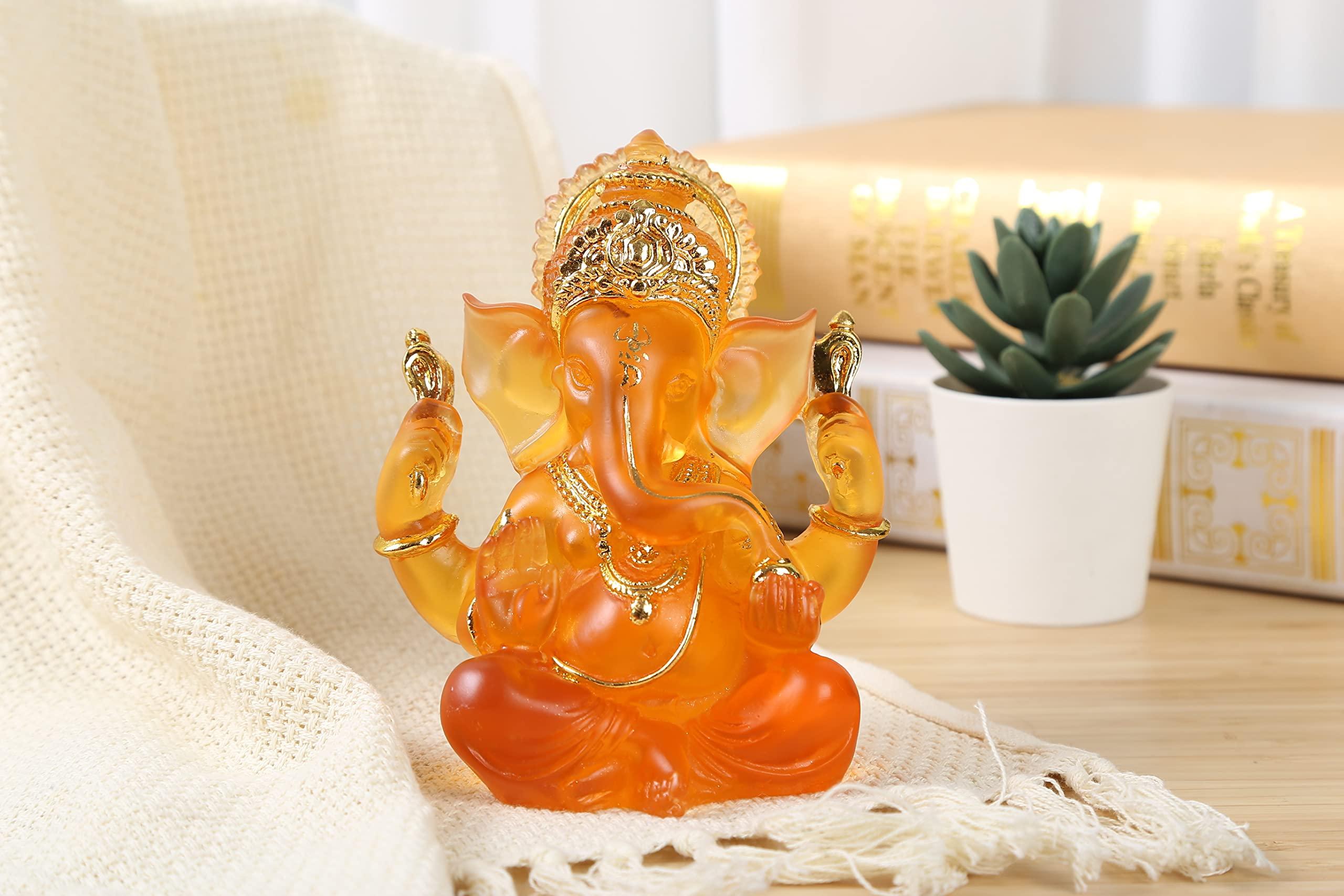 H&W 5.6''H Blessing A Orange Resin Statue of Lord Ganesha Ganpati Elephant Hindu God, Elephant God Statue, Lmitation Glass Sculpture Buddha Figurine Decoration - Image 2