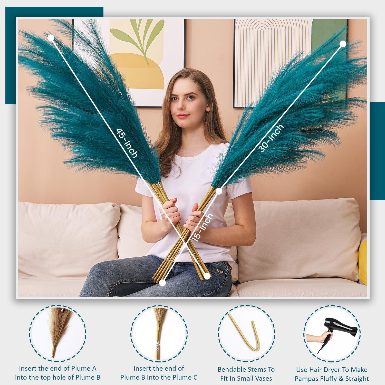 Aurora Prime 7 Pcs Faux Pampas Grass-45 Inches/3.75ft Large Boho Decor Fluffy Artificial Pompas Grass Décor Tall Vase Filler for Home Wedding Decoration (Blue) - Image 6