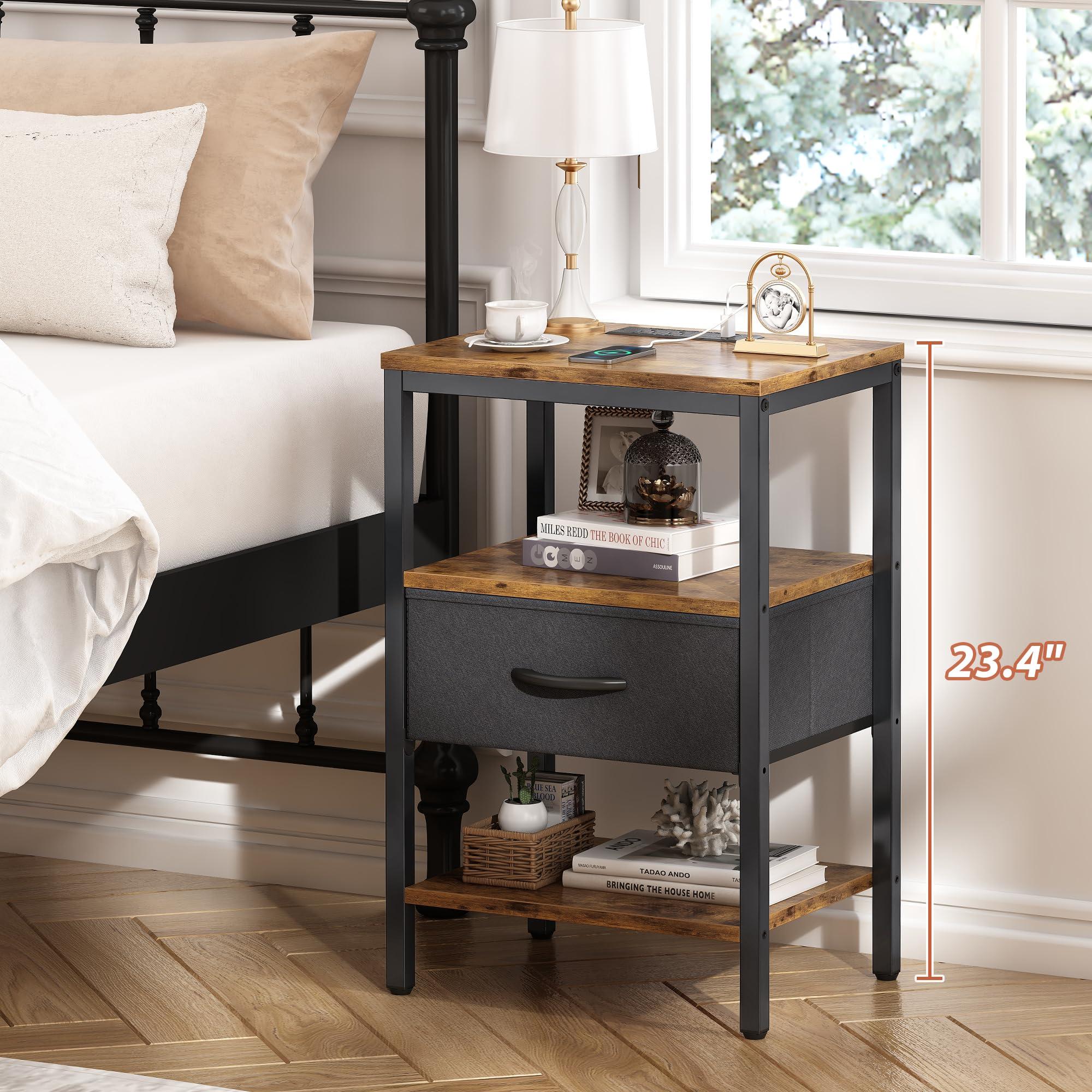 SUPERJARE Nightstand with Charging Station, Bed Side Table with Adjustable Fabric Drawer, Night Stand for Bedroom, 3-Tier Storage End Table, for Living Room, Rustic Brown and Black - Image 4