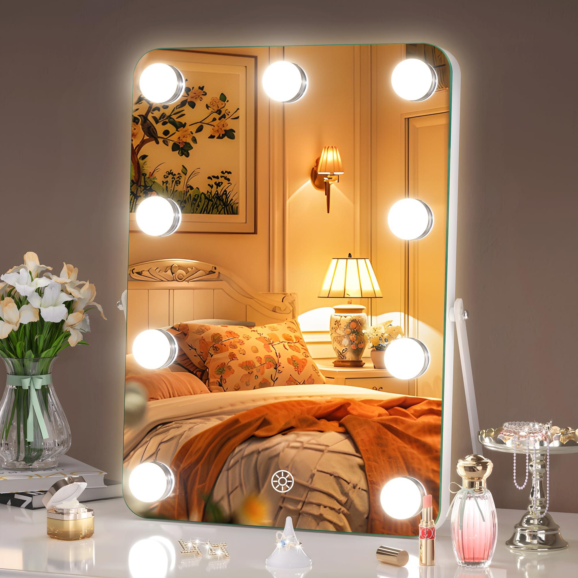 Hasipu Vanity Mirror with Lights, Hollywood 10" x 14" LED Makeup Mirror, 3 Modes Light, Smart Touch Control Dimmable, 360°Rotation, Rounded Rectangle White Frame