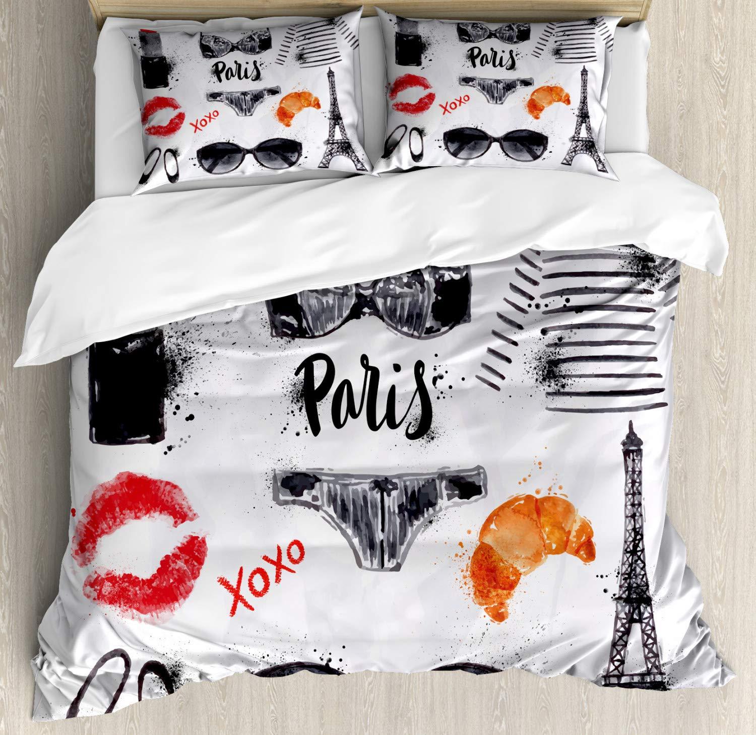 Lunarable Paris Duvet Cover Set, Eiffel Tower Glasses Lipstick Shoes Lingerie Accessories, Decorative 3 Piece Bedding Set with 2 Pillow Shams, California King, Vermilion Pale Grey