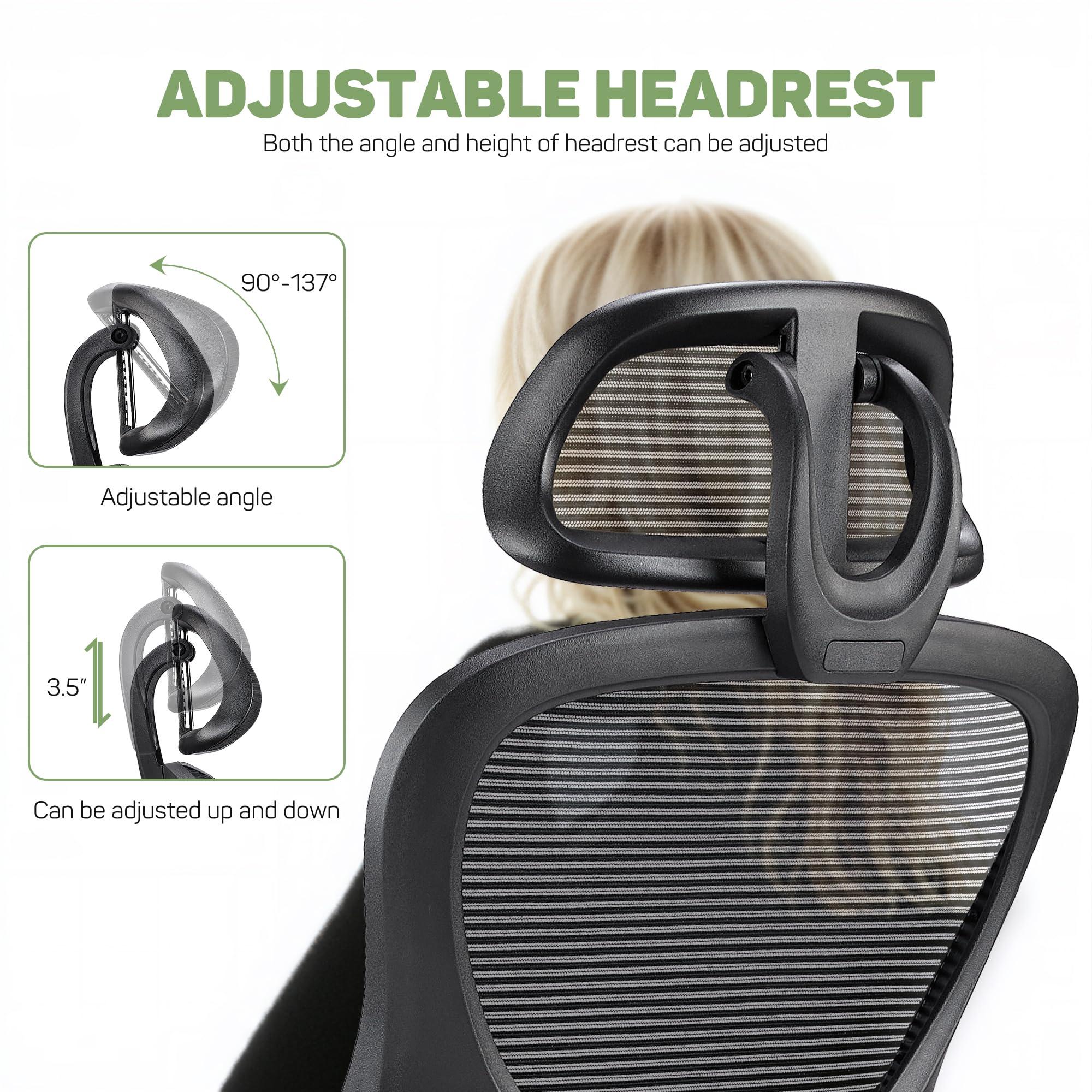 Ergonomic Office Chair, High-Back Computer Desk Mesh Swivel Task Chairs with Flip-up Armrest Adjustable Headrests, Comfortable Lumbar Support Rolling Wheels, for Home, Work, Study, Black - Image 3
