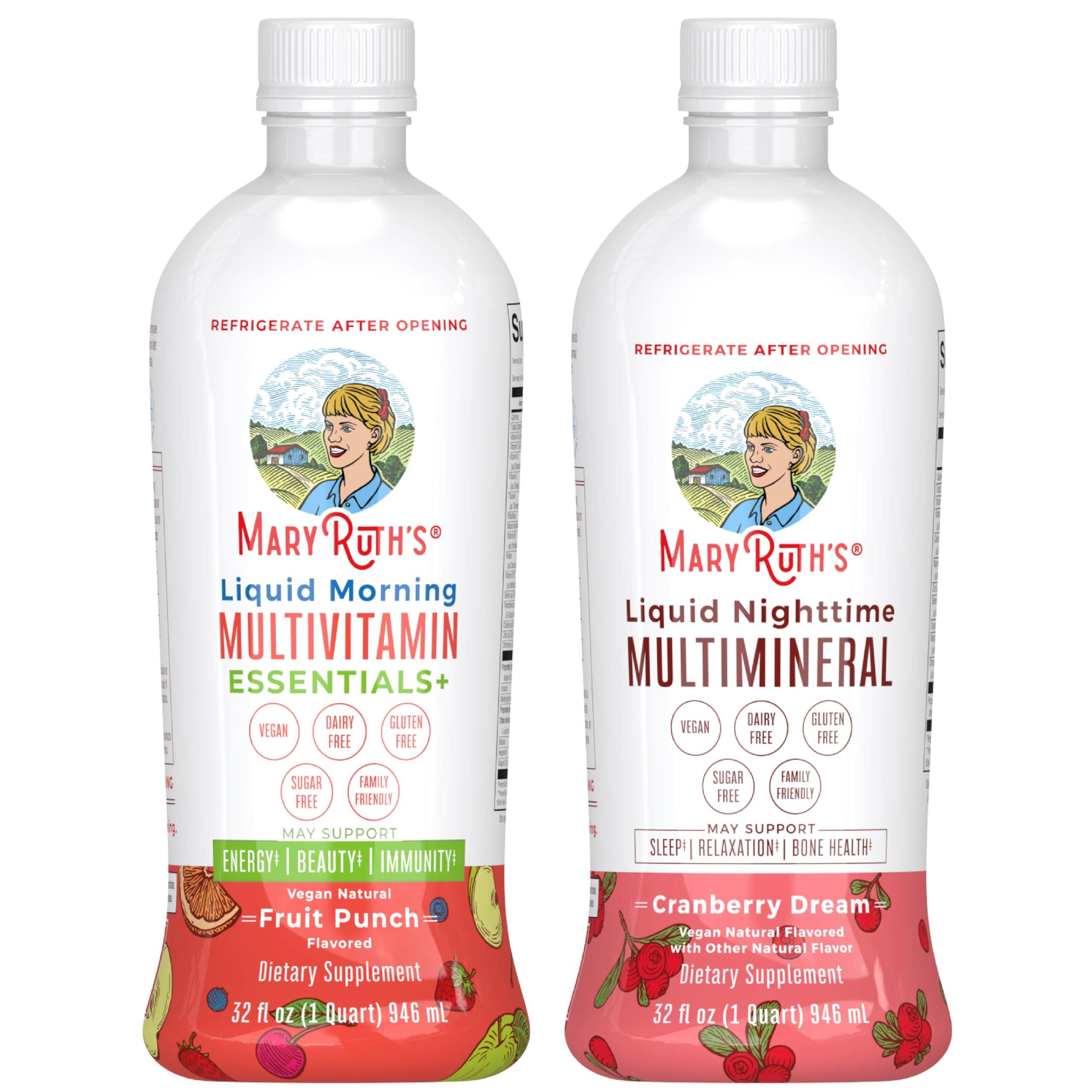 MaryRuth's Liquid Morning Multivitamin (Fruit Punch) & Liquid Nighttime Multimineral (Cranberry) | Clean Label Project Verified® | Vegan Vitamins for Energy, Bedtime, & Overall Health
