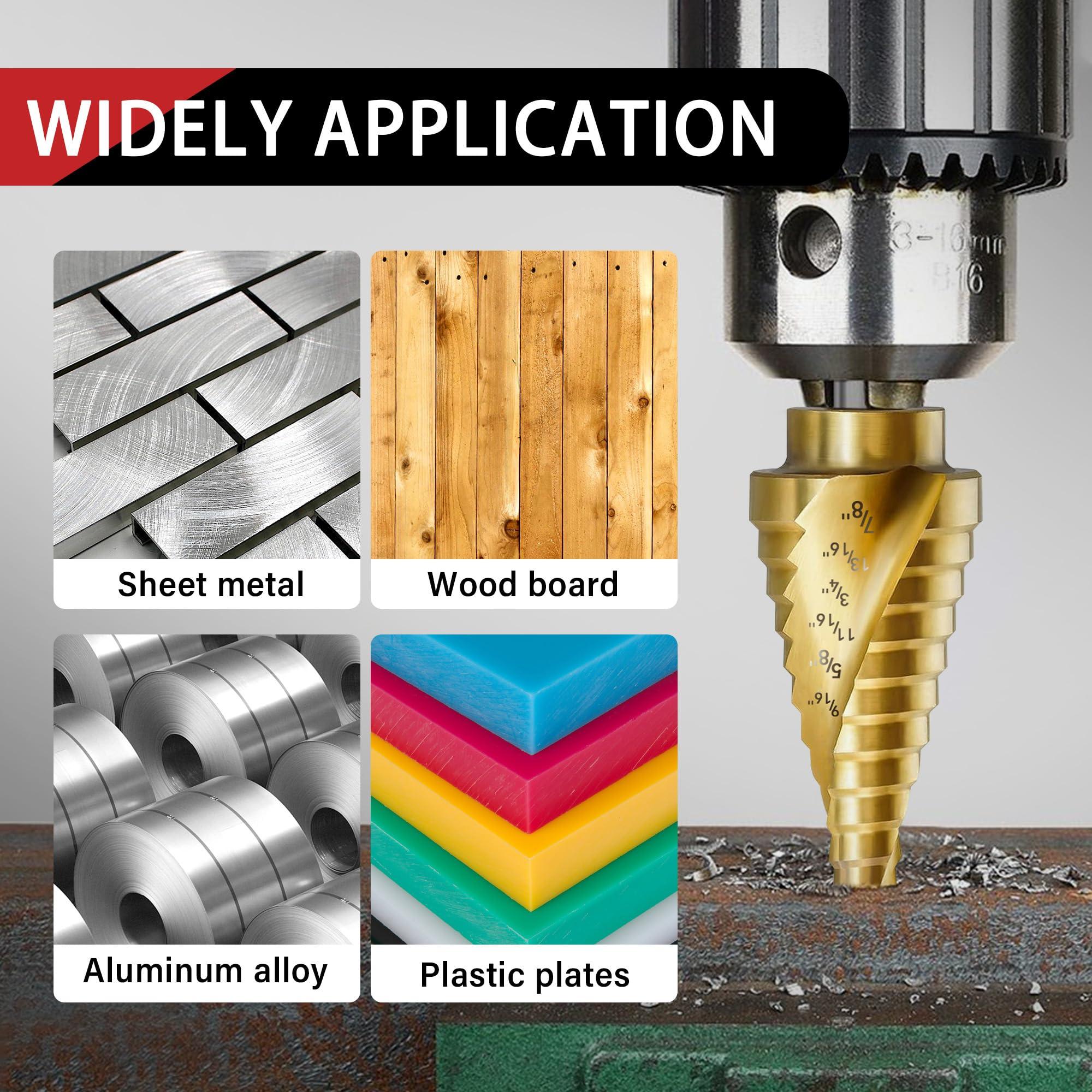 AIMLENTOOL 3PC Step Drill Bit Set, 1/4" Hex Shank High-Speed Steel Spiral Grooved Step Drill Bit for Sheet Aluminium Metal Wood Hole Drilling, 31 Step Sizes Taper Drill bit Set for DIY Lovers - Image 6