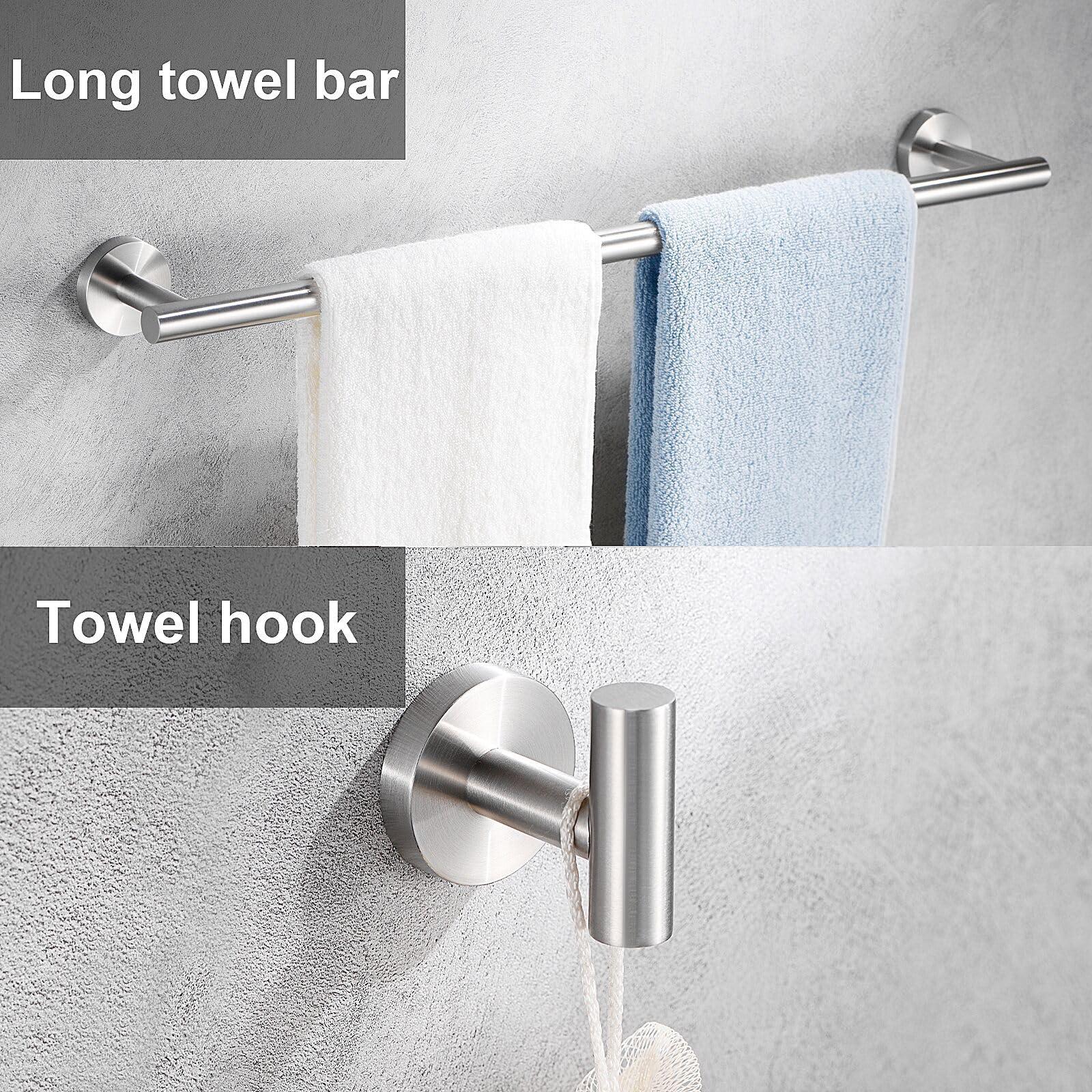 6 Pieces Brushed Nickel Bathroom Hardware Accessories Set Hand Towel Ring 16&23.6 inch Round Towel Bar Silver Toilet Paper Holder Towel Hooks 2 Pieces SUS 304 Stainless Steel,Heavy Duty,Wall Mounted - Image 4