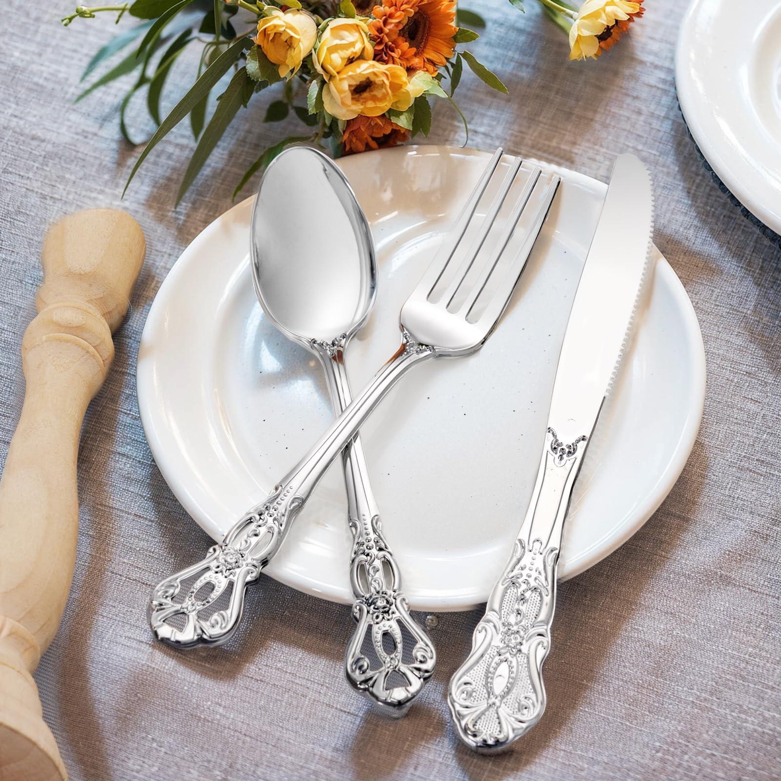 Joyido 90PCS Silver Plastic Silverware - Heavy Duty Silver Disposable Cutley - Fancy Plastic Utensils Flatware Include 30 Forks, 30 Spoons, 30 Knives for Catering, Parties, Dinners, Weddings - Image 2