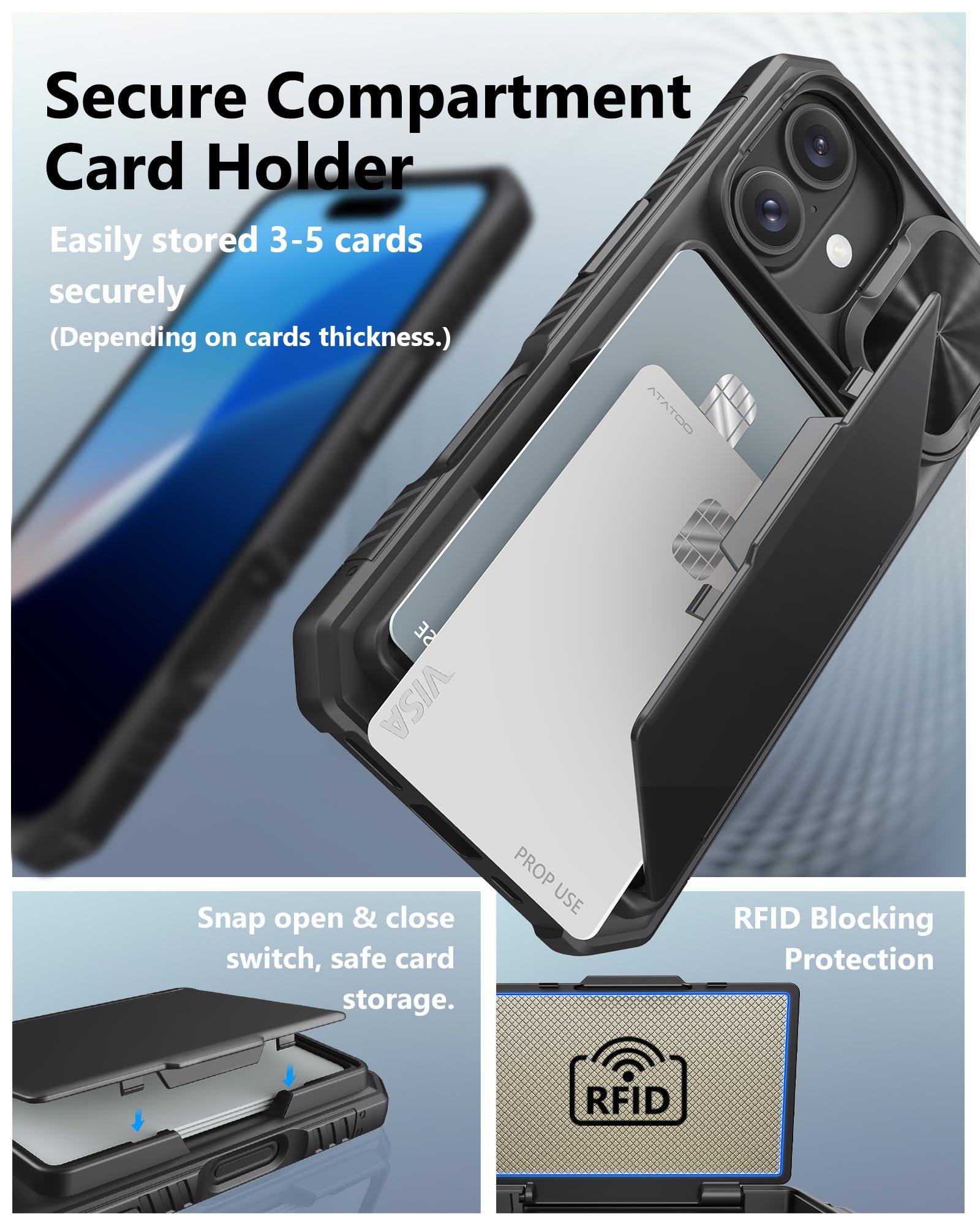 ATATOO for iPhone 16 Case Wallet with Lanyard, Phone Strap Crossbody for Women Men, Card Holder, Slide Camera Cover, Military Grade Protection, Case for iPhone 16 6.1", Black - Image 3