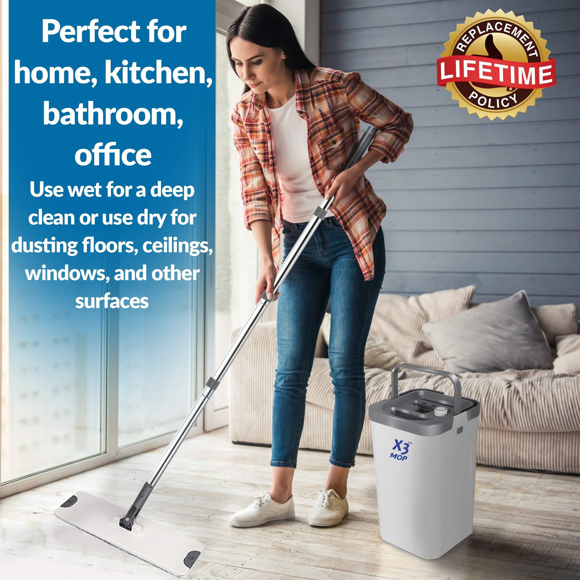 X3 Mop, Separates Dirty and Clean Water, 3-Chamber Design, Flat Mop and Bucket Set, Hands Free Home Floor Cleaning, 3 Reusable Microfiber Mop Pads Included - Image 6