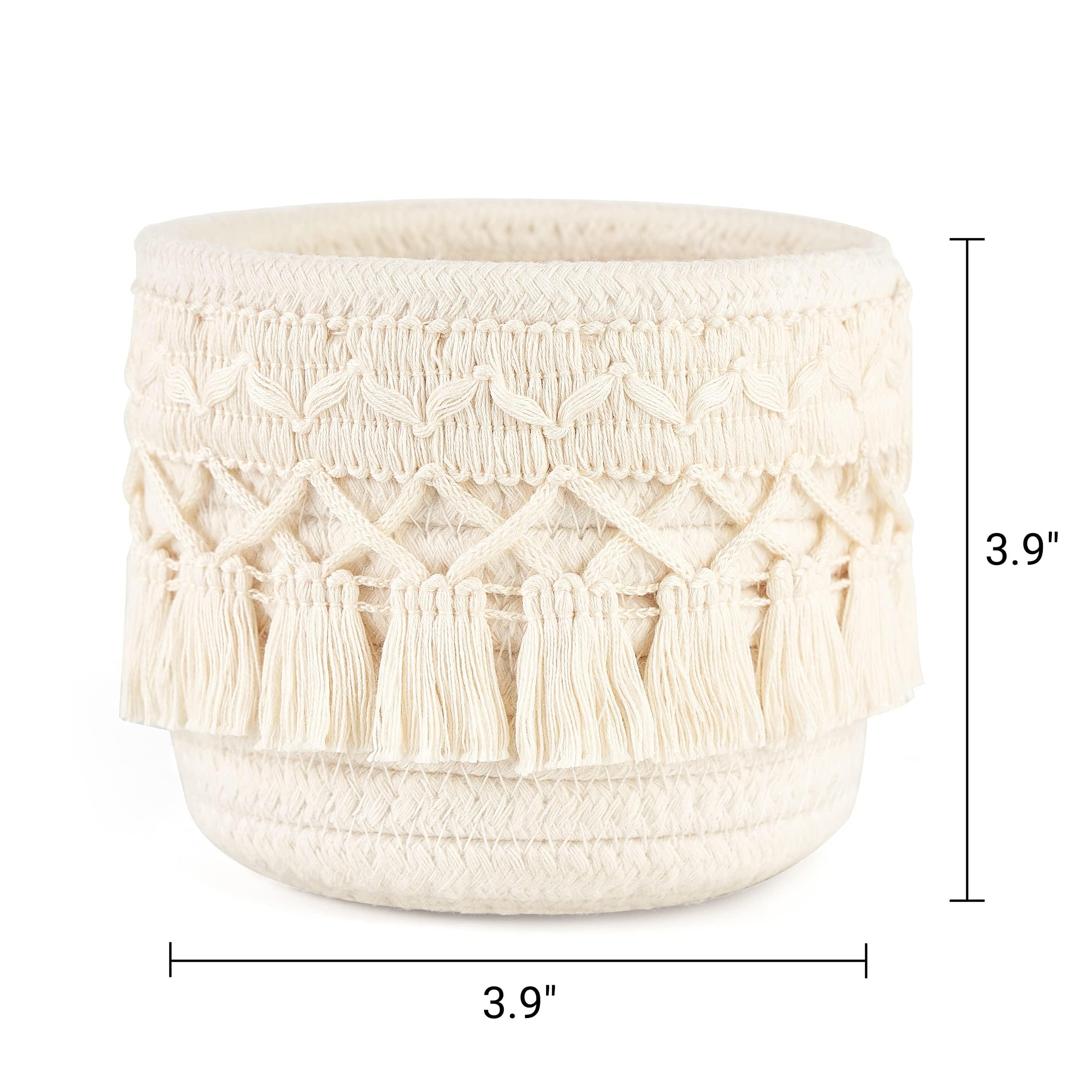 Mkono Macrame Makeup Brush Holder Organizer Comb Brushes Mini Storage Basket Set of 2 Boho Decor Baskets for Pen Pencil Box Container ,Ivory - Image 3
