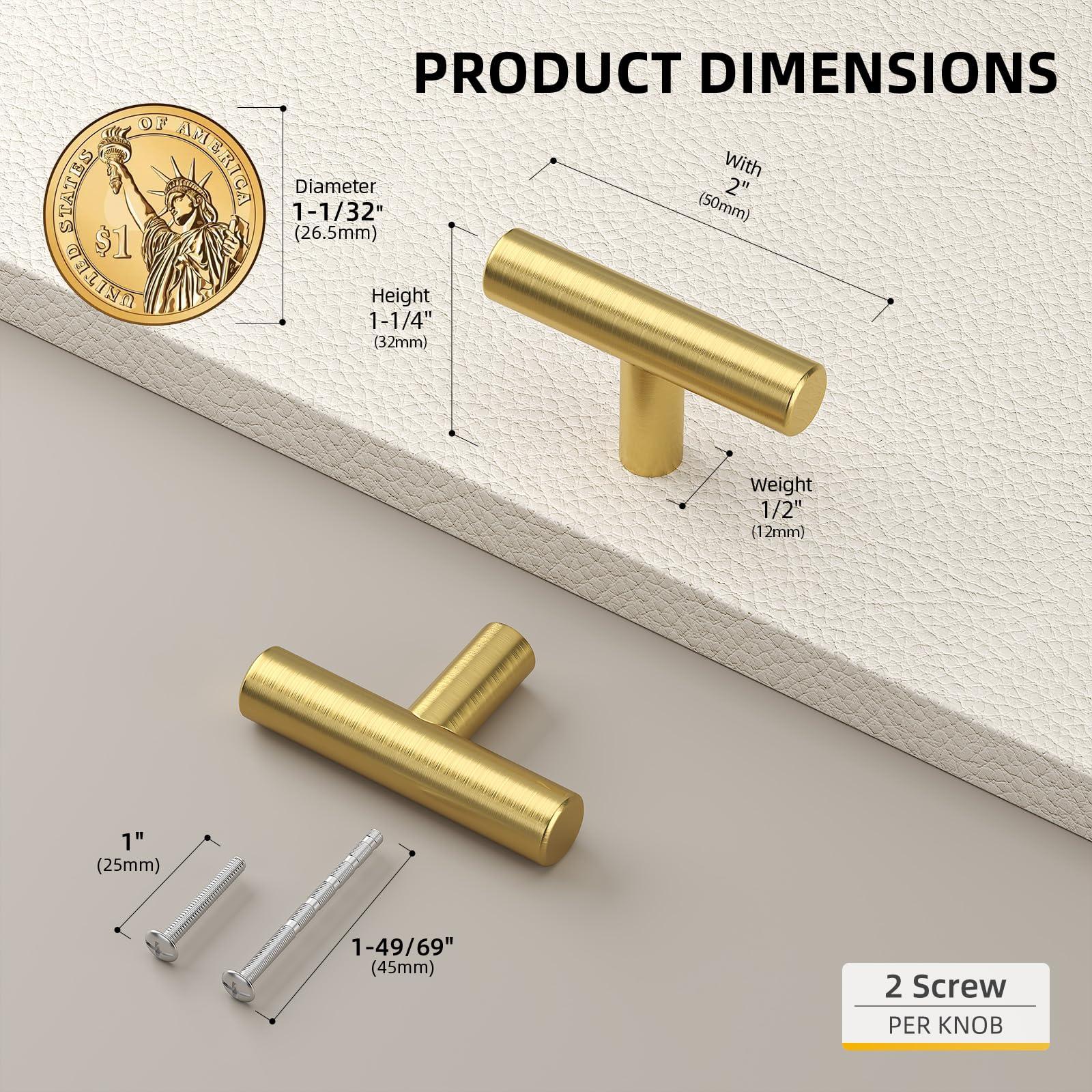 goldenwarm 40 Pack Gold Knobs for Dresser Kitchen Cabinet Knobs Brushed Brass Drawer Pulls Furniture Door Handles - LS201GD Single Hole Cabinet Handles Brushed Gold T Bar Hardware Stainless Steel - Image 3