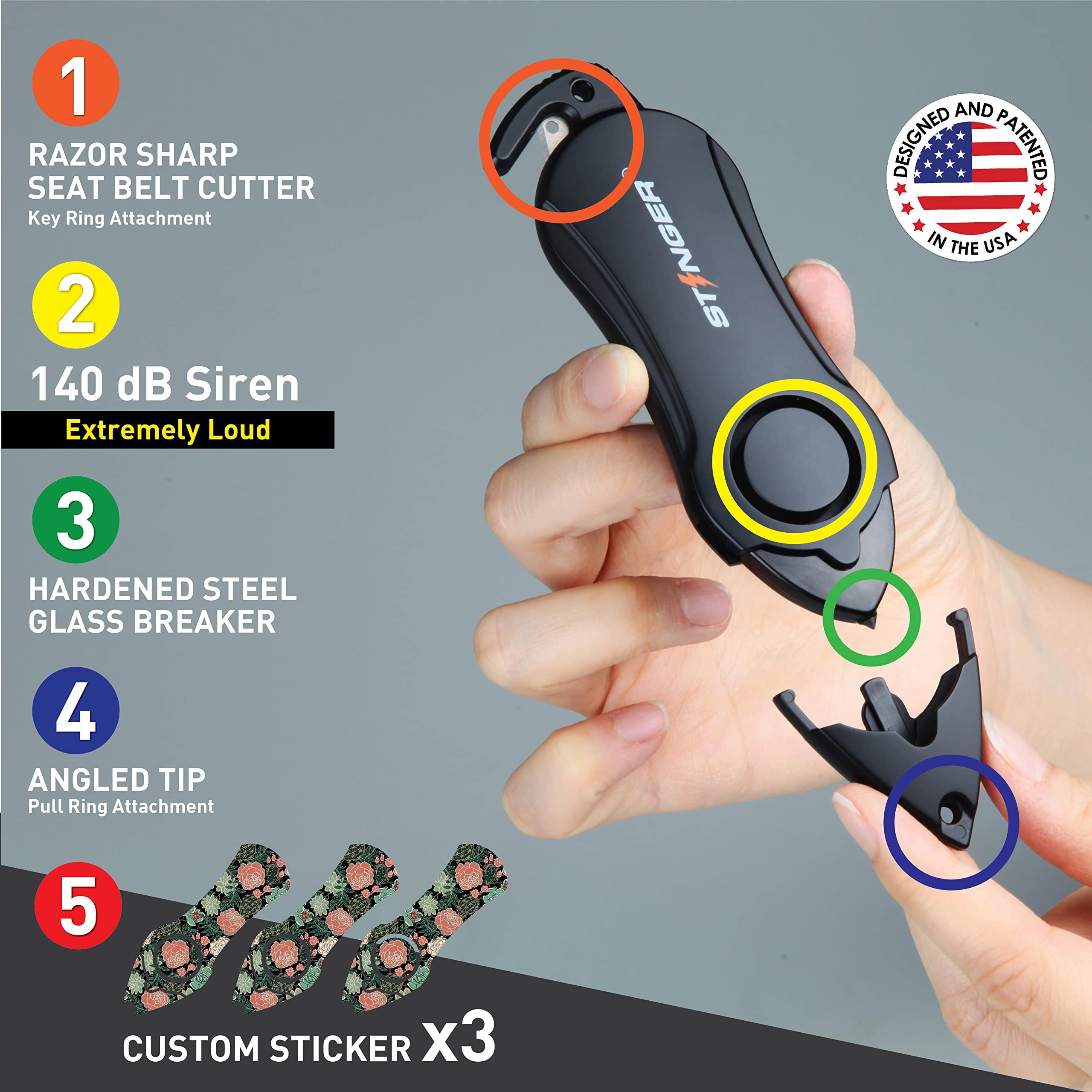 Stinger Personal Alarm Keychain Emergency Tool, Safety Panic Alarm Siren, Seat Belt Cutter, Glass Breaker, Security Device for Women Men Kid, Design in USA (Green Flower) - Image 3