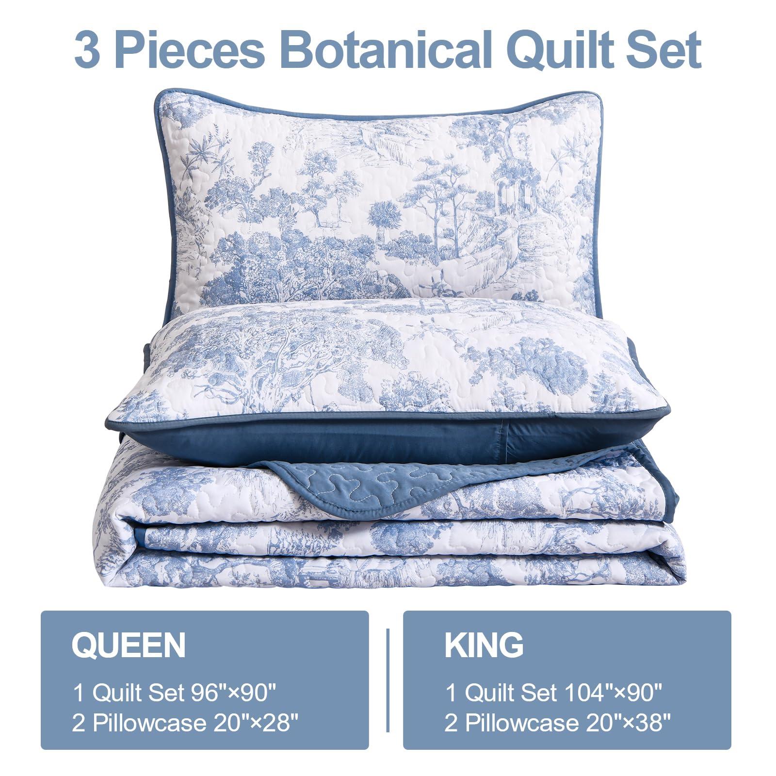 WONGS BEDDING Blue Quilt Set King Size, 3 Pieces Botanical Bedspreads Set Lightweight Microfiber Blue Toile Plants Pattern Coverlet Home Decor for All Seasons(104"×90") - Image 4