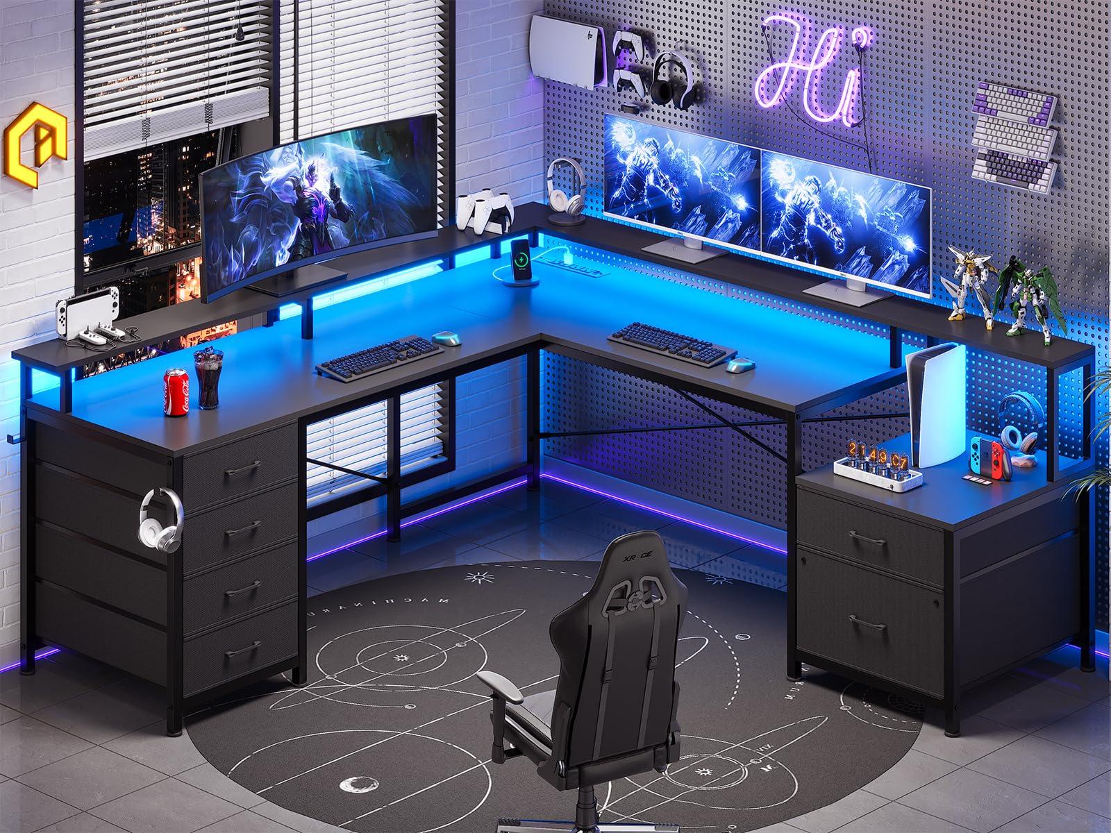 SEDETA L Shaped Desk with 6 Drawer, 108" Home Office Desk with File Drawer & Power Outlet, Corner Computer Desk with Monitor Shelf, File Cabinet, Two Person Desk, Gaming Desk with Led Lights, Black - Image 2