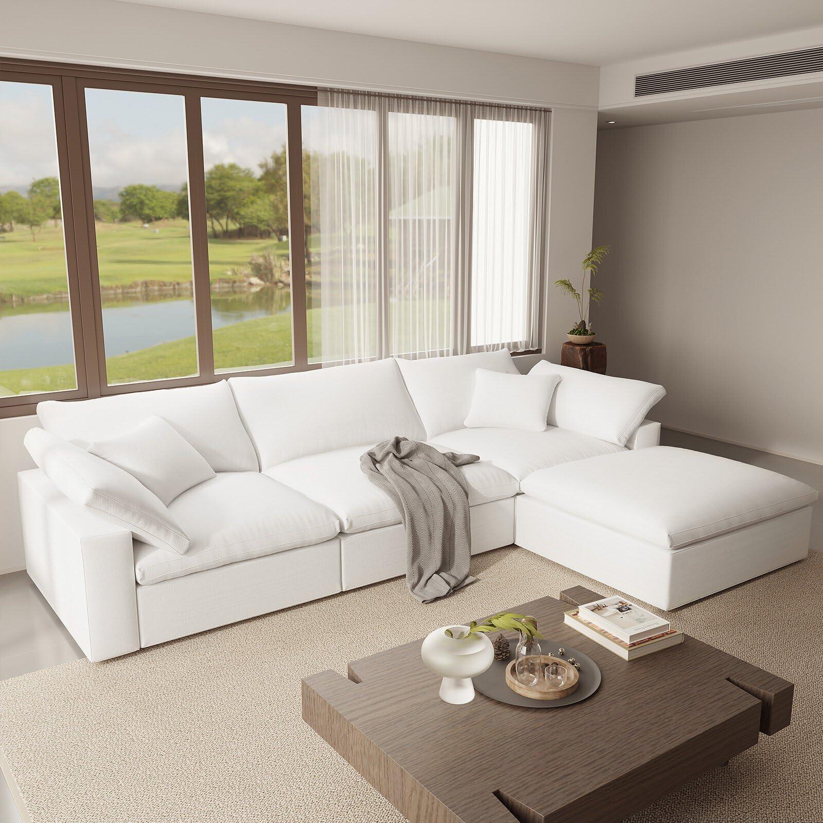 Intuition Decor Oversize Cloud Modular Sectional Sofa,110.8" L Shape 3 Seaters with Chaise Down Filled Comfort Sofa Detachable Couch Cushion Covers for Living Room,White