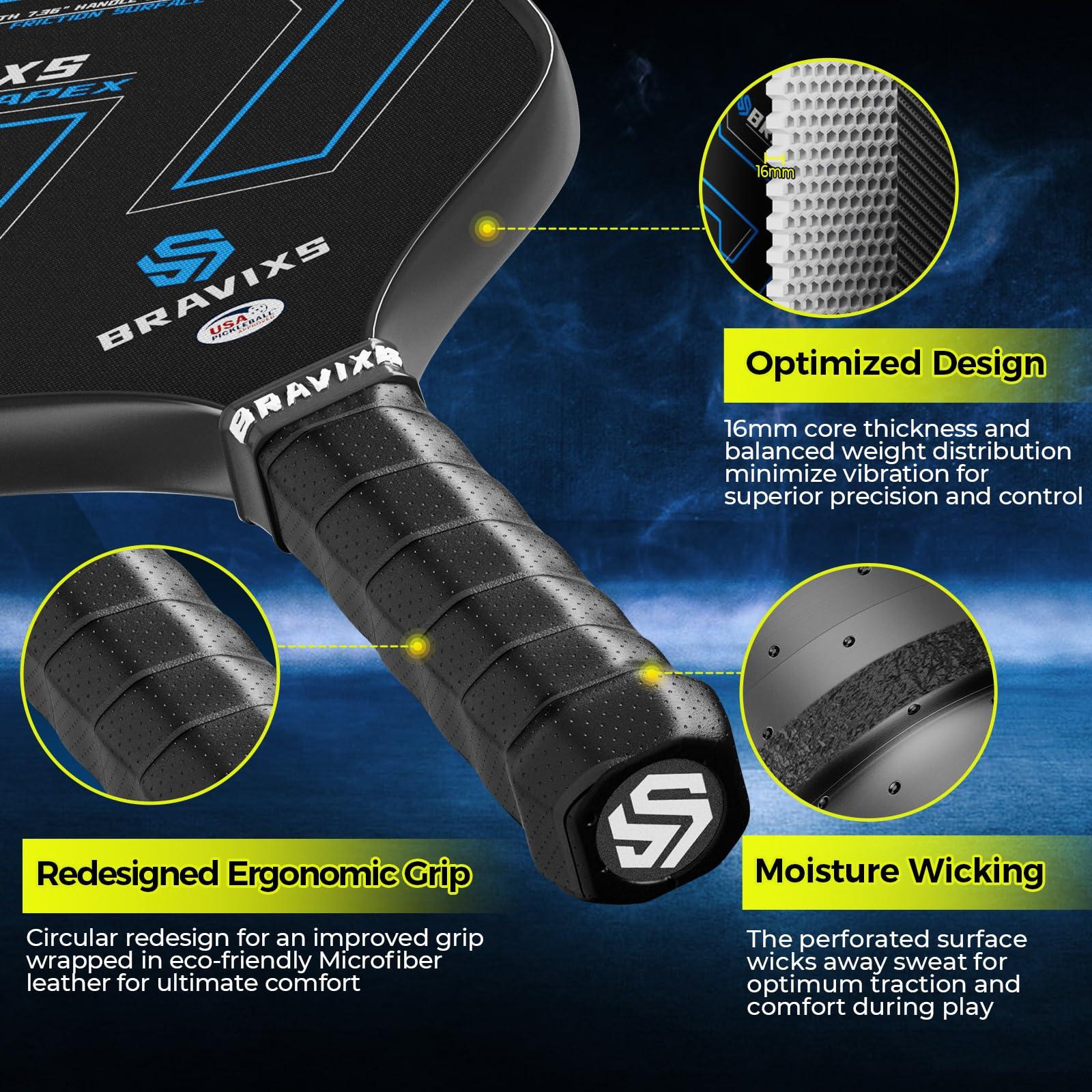 Bravixs Pickleball Paddles Set of 2 USAPA Approved T700 Raw Carbon Fiber Pickleball Paddle, Friction Surface Pickleball Rackets with 4 Balls 1 Pickleball Bag, Pickle Ball Paddle Set for Men and Women - Image 3
