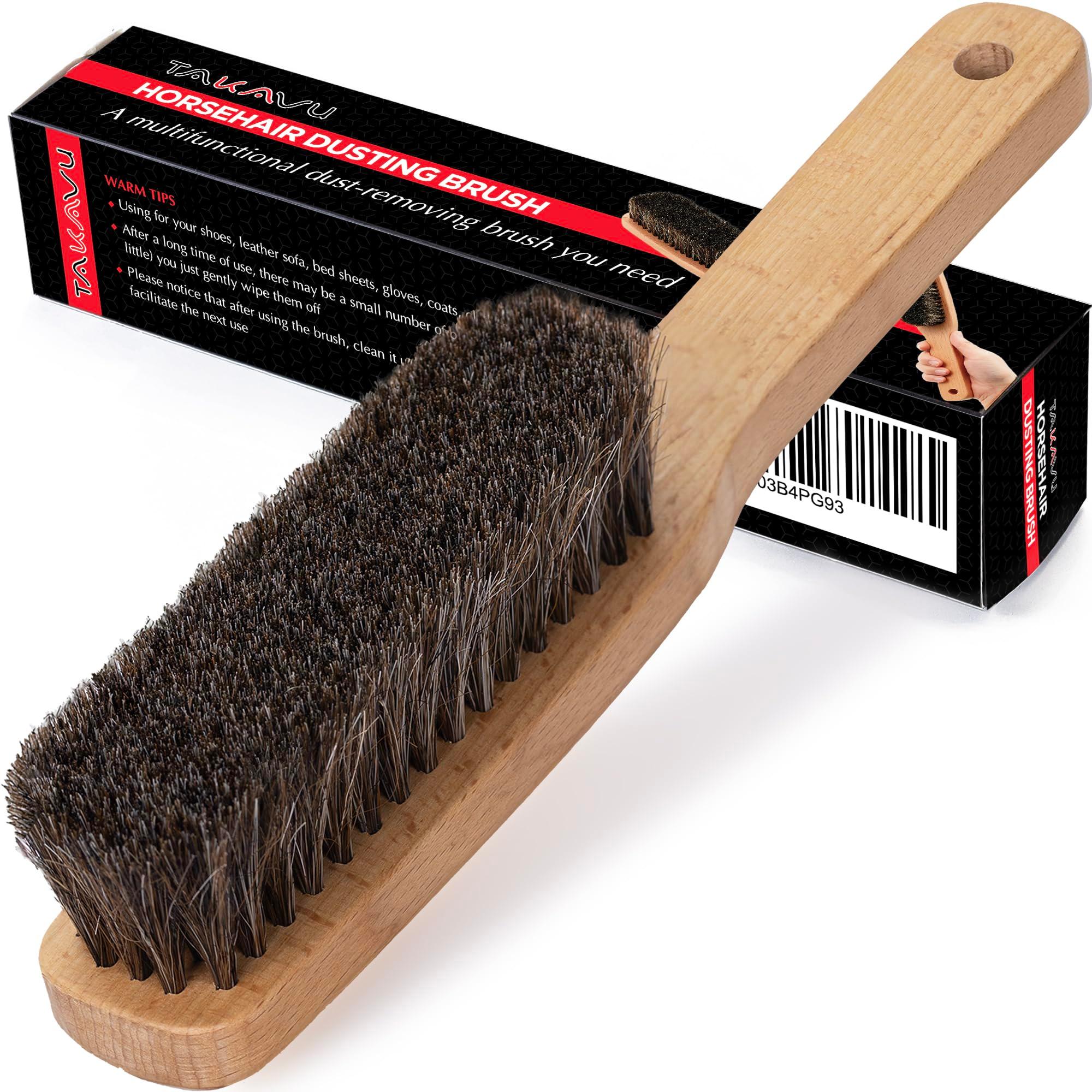 TAKAVU Horsehair Shoe Boot Brush 10.2 Inches - Hat Brush, Hand Broom With 100% Soft Genuine Horse Hair Bristles, Long Beech Wood Handle for Cleaning Shoes, Boots, Counters, Beds, Clothes, Furniture