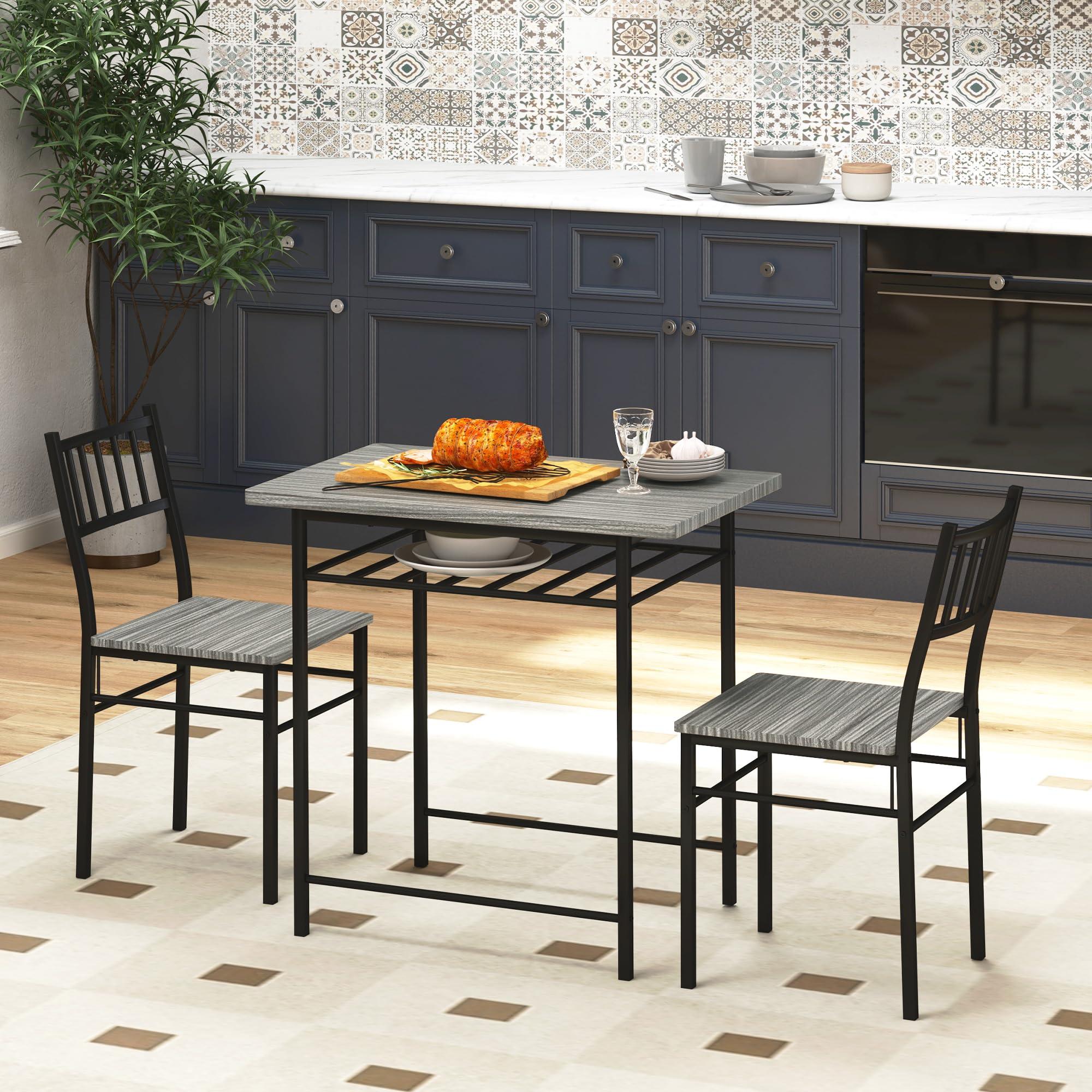 HOMCOM 3-Piece Dining Table Set for 2, Small Kitchen Table and Chairs with Built-in Storage Rack and Steel Frame, for Breakfast Nook and Small Space, Gray - Image 2