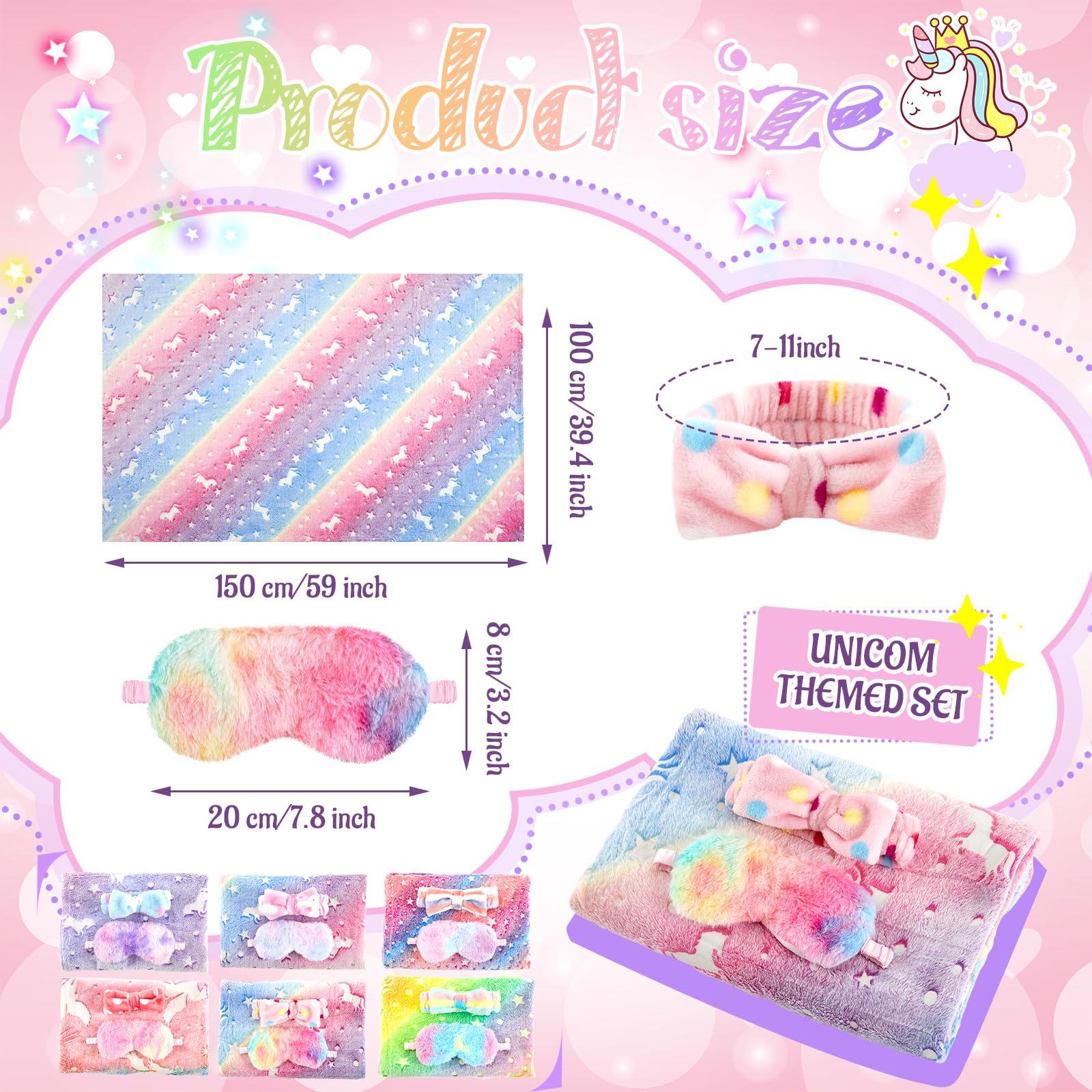 Fanfanwin 18 Pcs Sleepover Party Supplies for Girls, 6 Glow in The Dark Pink Blanket 6 Coral Fleece Spa Headband 6 Plush Eye Mask Covers for Sleeping Slumber Sleepover Spa Party Gift(Cute) - Image 4