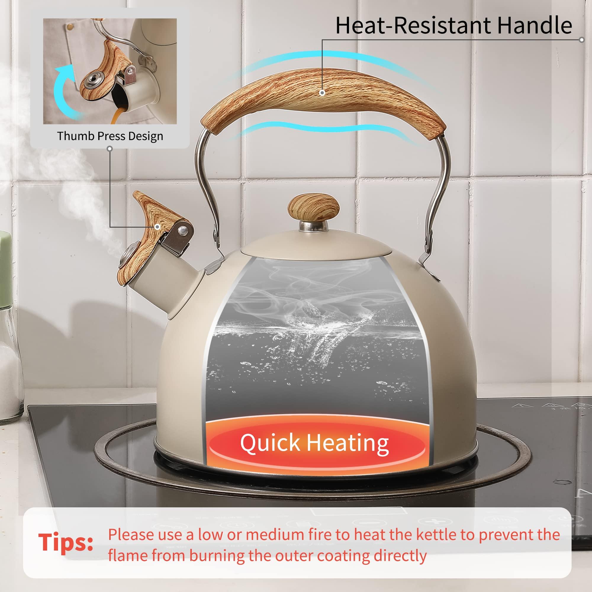 LONFFERY Tea Kettle for Stove Top, 2.5 Quart Whistling Tea Kettle, with Food Grade Stainless Steel and Wood Pattern Folding Handle, Creamy White - Image 4