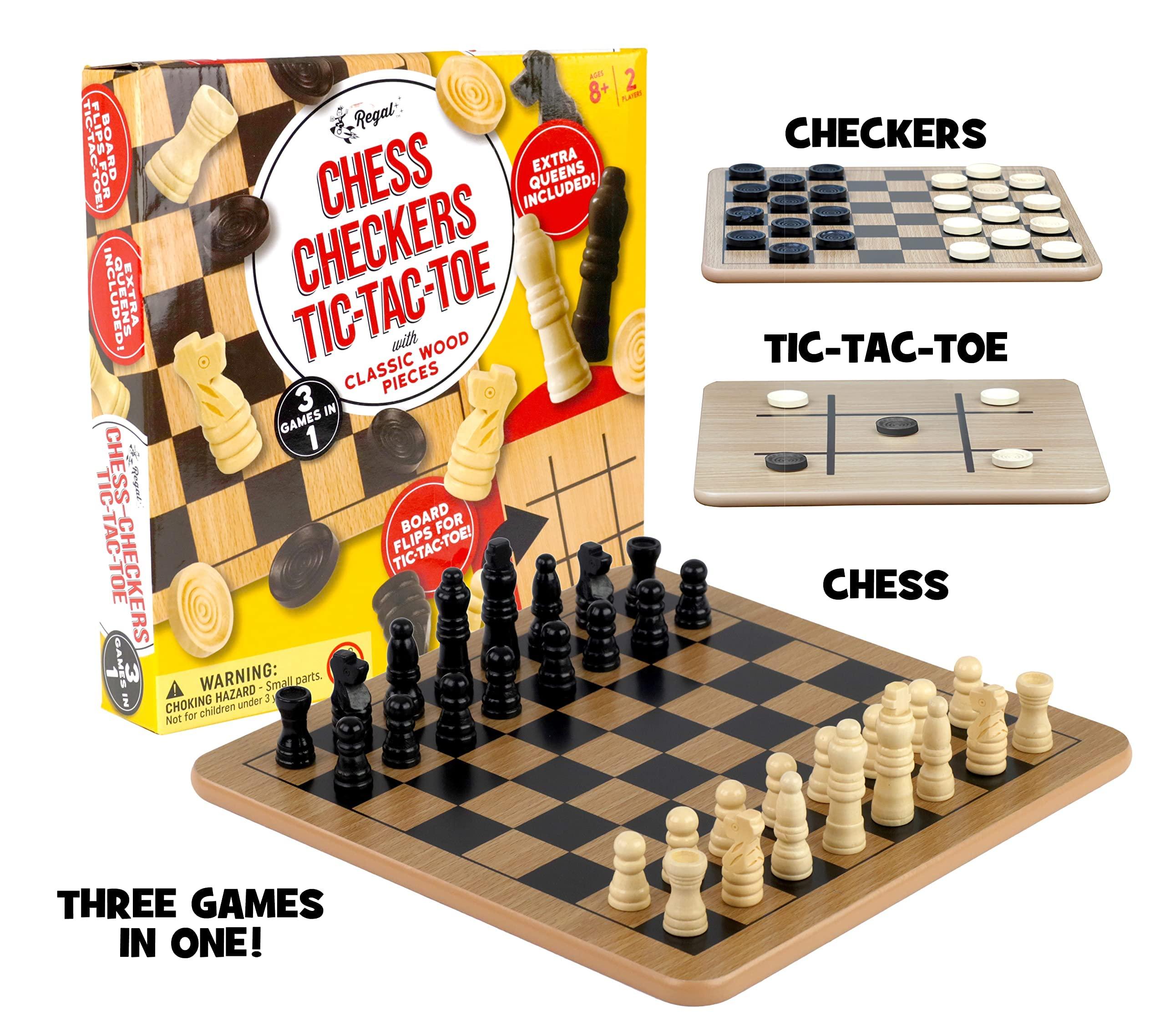 Regal Games - Reversible Wooden Board for Chess, Checkers & Tic-Tac-Toe - 24 Interlocking Wooden Checkers and 32 Standard Chess Pieces - for Age 8 to Adult for Family Fun - Image 3