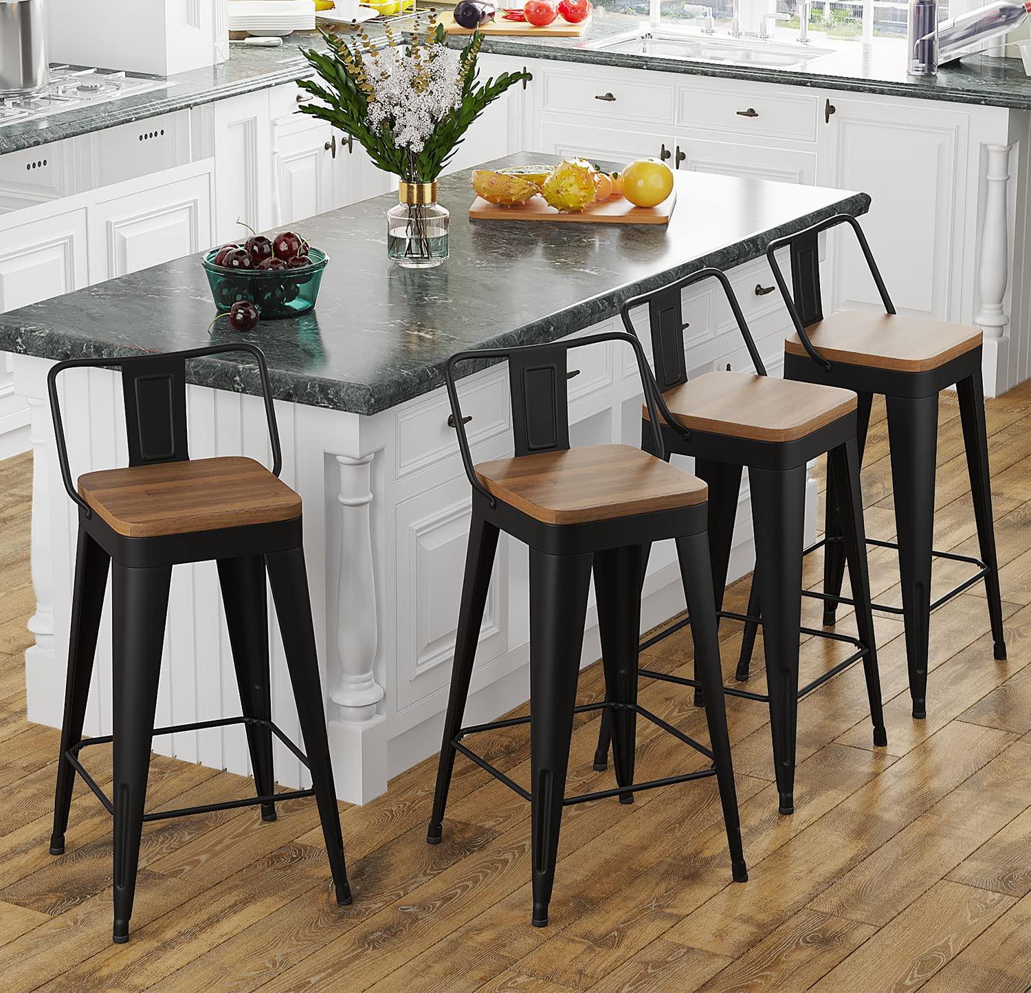 POINTANT Bar Stools Set of 4 Metal Bar Stool Counter Height Bar Stools Black, Modern 24" Bar Chairs with Back and Wooden Seat Bar Stool Counter Height