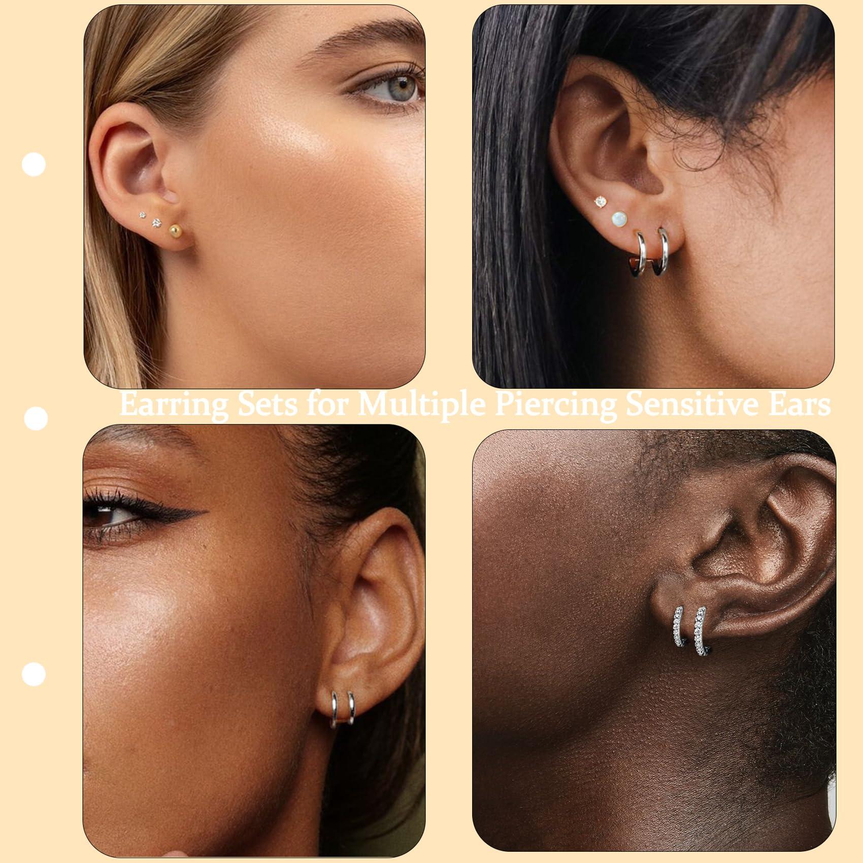 Surgical Steel Flat Back Earrings Set for Multiple Piercing Sensitive Ears,Sterling Silver Hypoallergenic Small Cartilage Huggie Hoop Earrings Titanium Tiny CZ Pearl Opal Stud Earrings for Women - Image 5