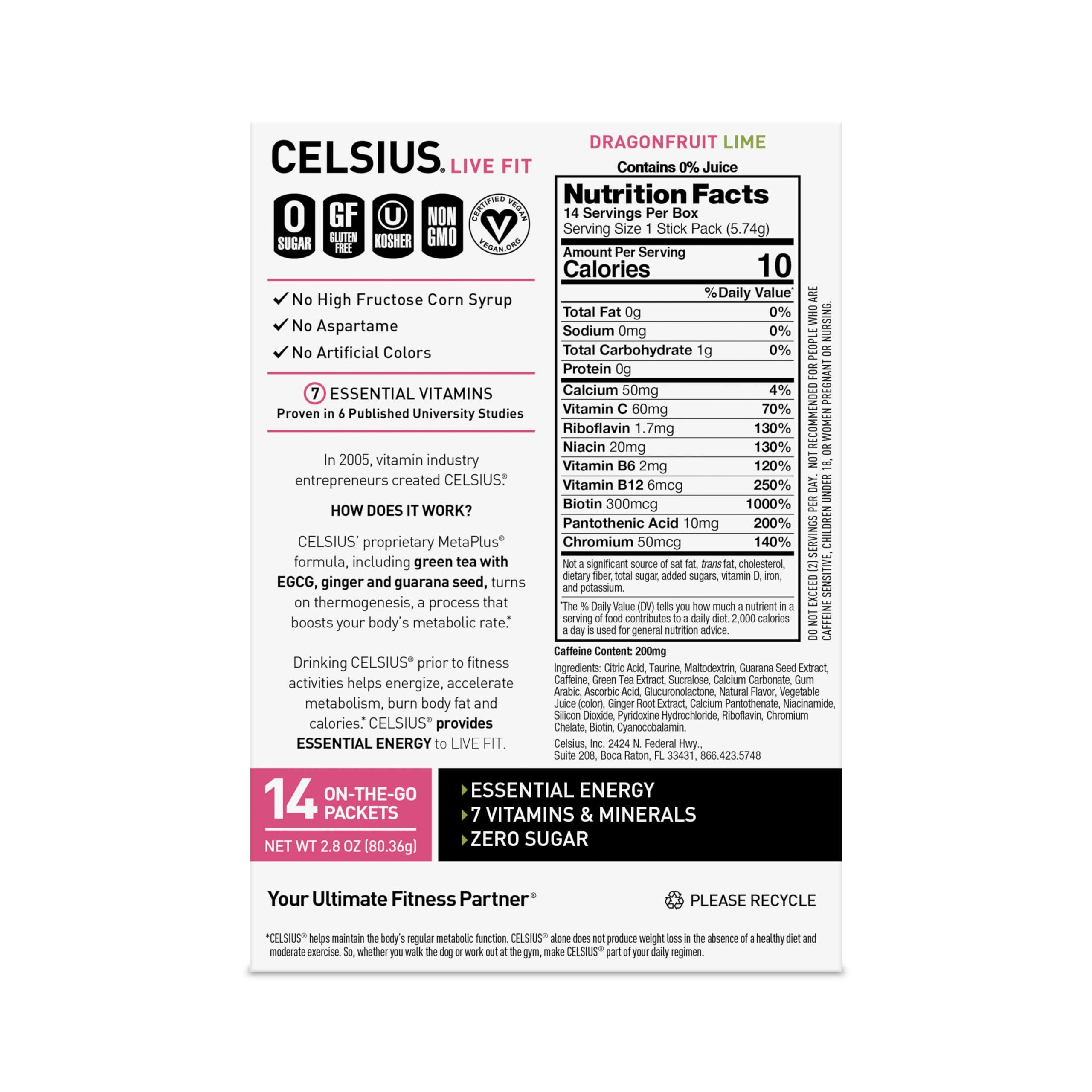 CELSIUS® On-the-Go Powder Sticks Dragonfruit Lime, Essential Energy 2.8 Oz (14 Sticks per Pack) - Image 3