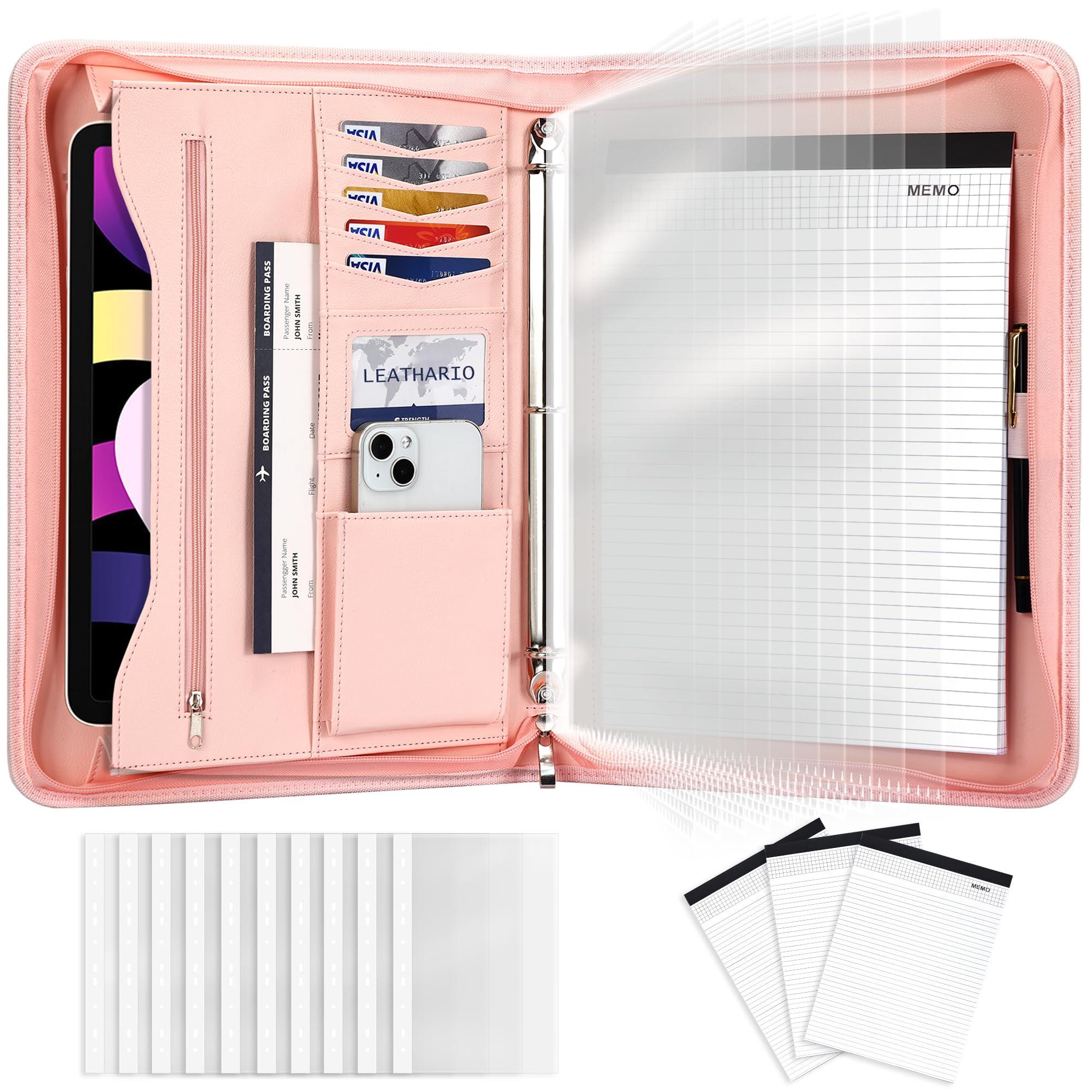 Leathario Portfolio Binder, Includes 10 Sheet Protectors and 3 Notepads, 3-Ring Folder Organizer, A4 Padfolio with Zipper, Vegan Leather Tablet Sleeve, Business Office Conference Clipboards