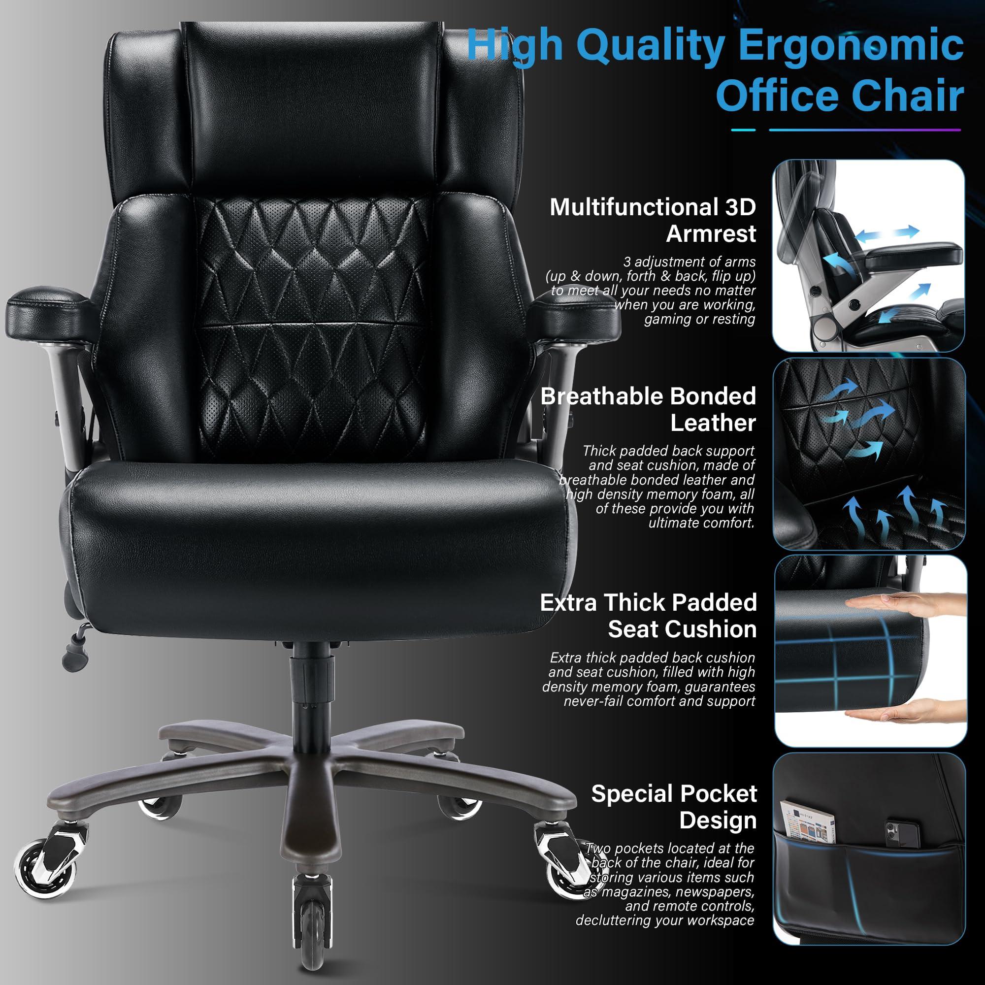 Big and Tall 700lbs Office Chair - Adjustable Lumbar Support 3D Flip Arms Heavy Duty Metal Base&Wheels, High Back Large Executive Computer Desk Chair, Thick Padded Ergonomic Design for Back Pain - Image 3