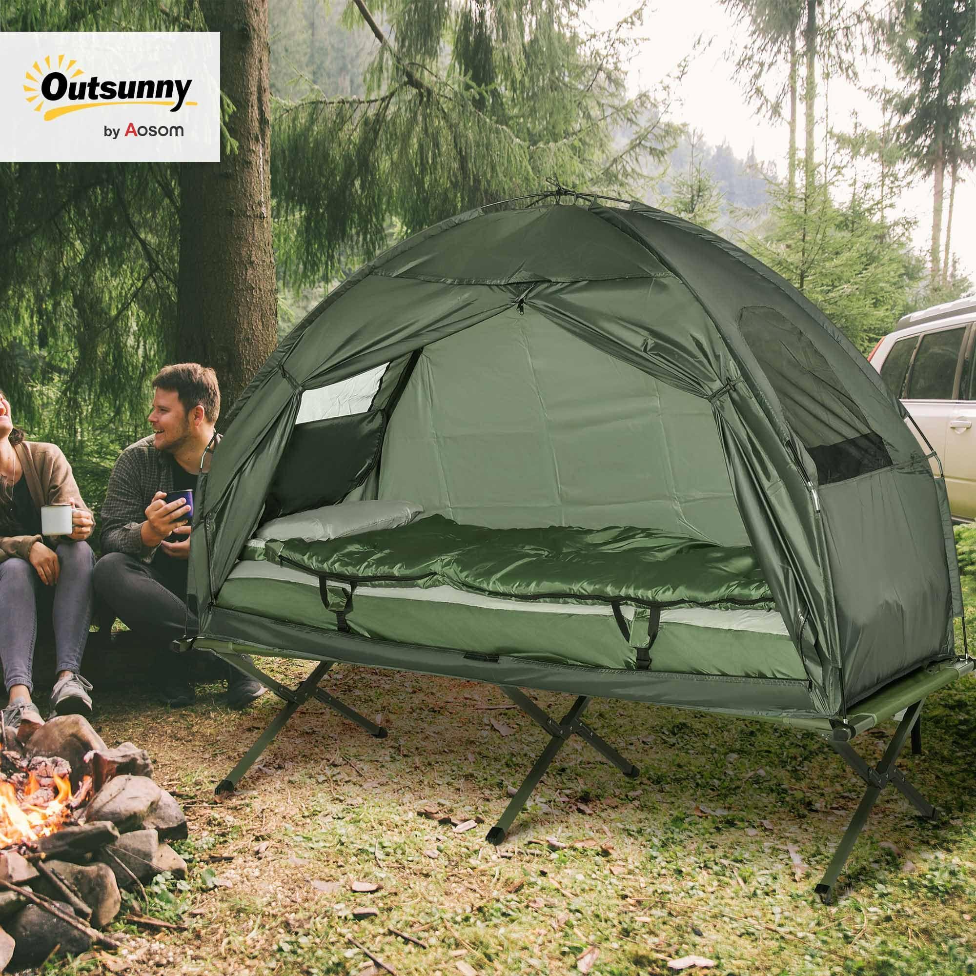Outsunny Multifunctional Folding Camping Cots for Adults, Elevated Tent with Sleeping Bag, Thick Air Mattress Pad, Portable Single Sleeping Cot Camping Bed - Image 2