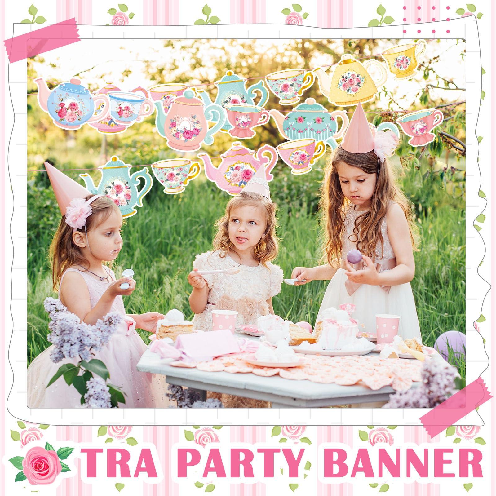 Faccito 5 Pcs Vintage Tea Party Decoration Banner Double Sided Floral Tea Party Hanging Teapot Cutout Paper Banner Assembled for Bridal Shower Birthday Decor - Image 5