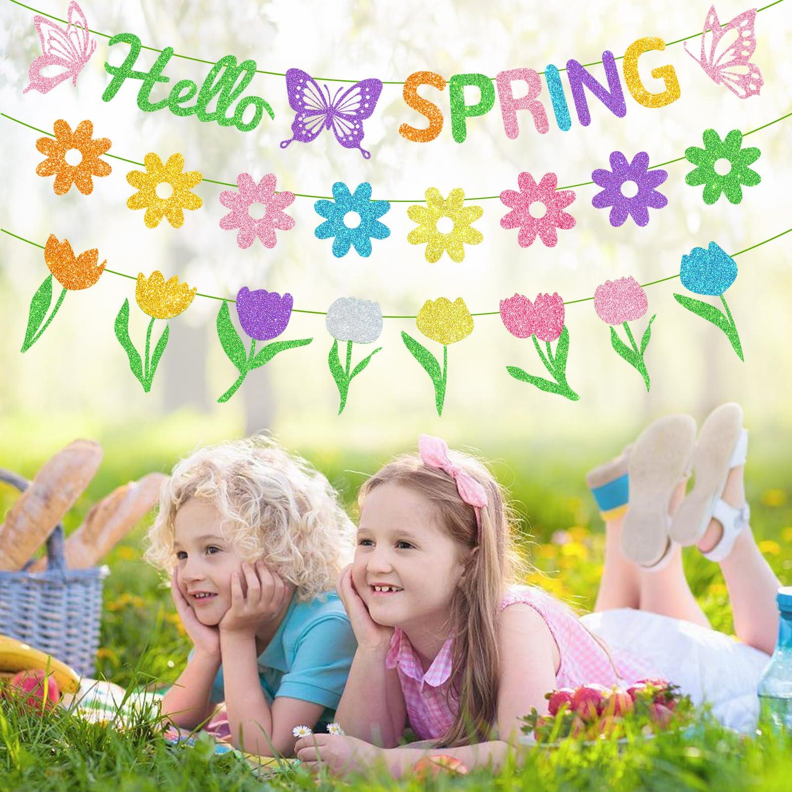 5PCS Pre-Strung Hello Spring Banner, Spring Party Decorations Spring Decorations with Hello Spring Flowers Tulips Banner Circle Garland - Spring Decorations for Office Classroom Easter Party Home - Image 2