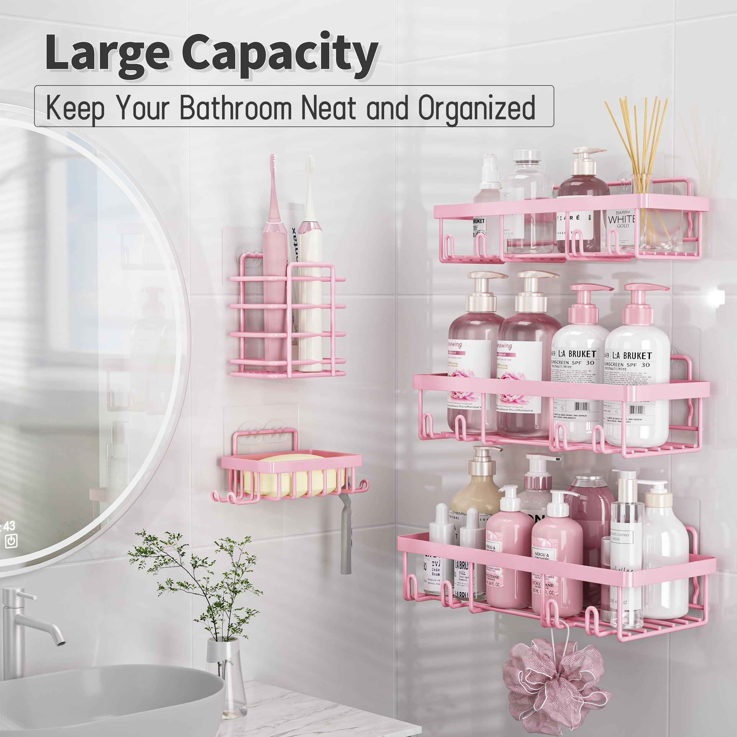 Liuoud 5 Pack Shower Caddy Organizer Rack Shelf for Inside Shower, Adhesive Bathroom Wall Storage Basket Rustproof Stainless Steel Shampoo Holder, Girly Bathroom Accessory Decor Set, Pink - Image 3