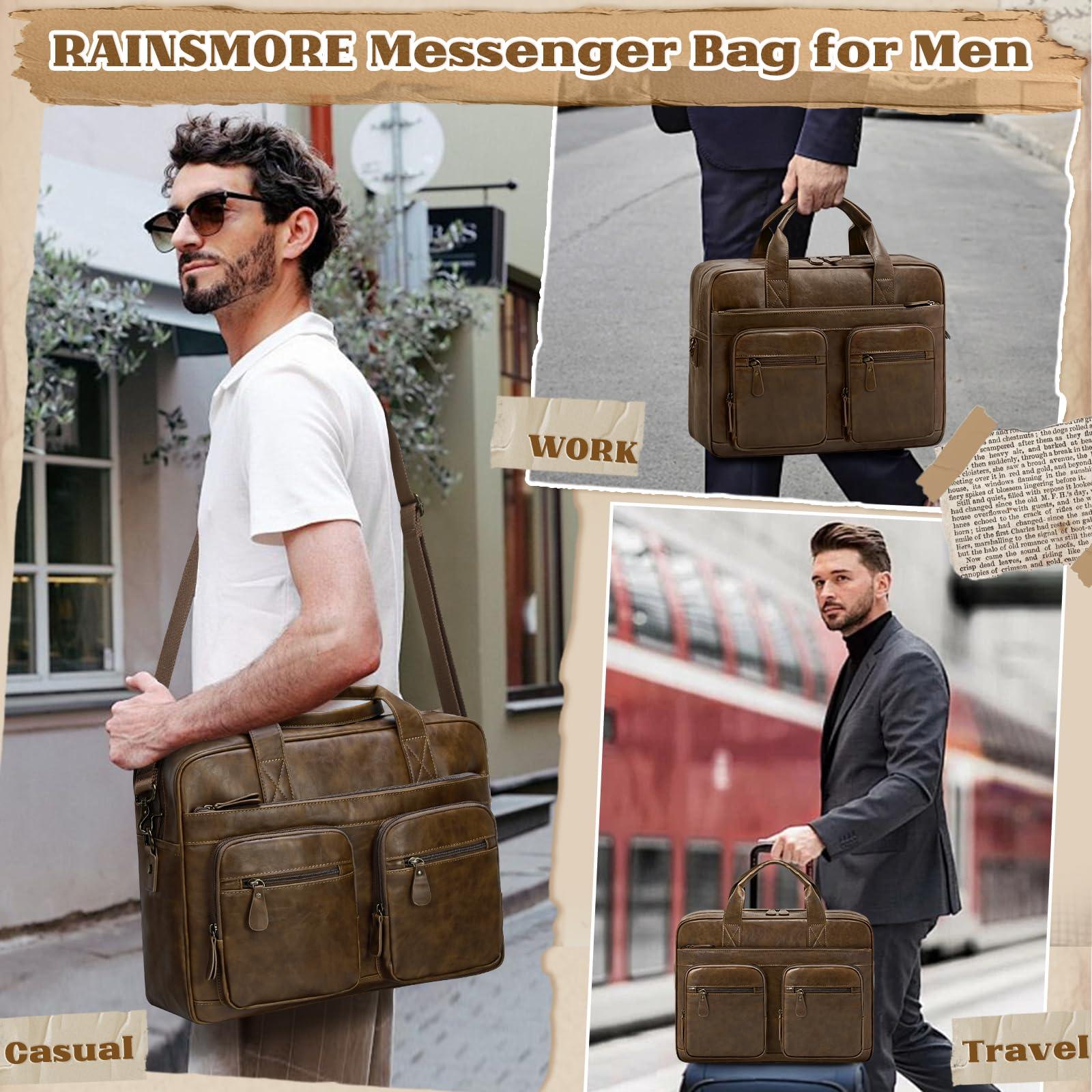 RAINSMORE Vintage Messenger Bag for Men PU Vegan Leather Computer Laptop Bag 15.6 Inch Waterproof Briefcases for Men Retro Mens Briefcase Satchel Bag for Work Office Business Travel Brown - Image 4