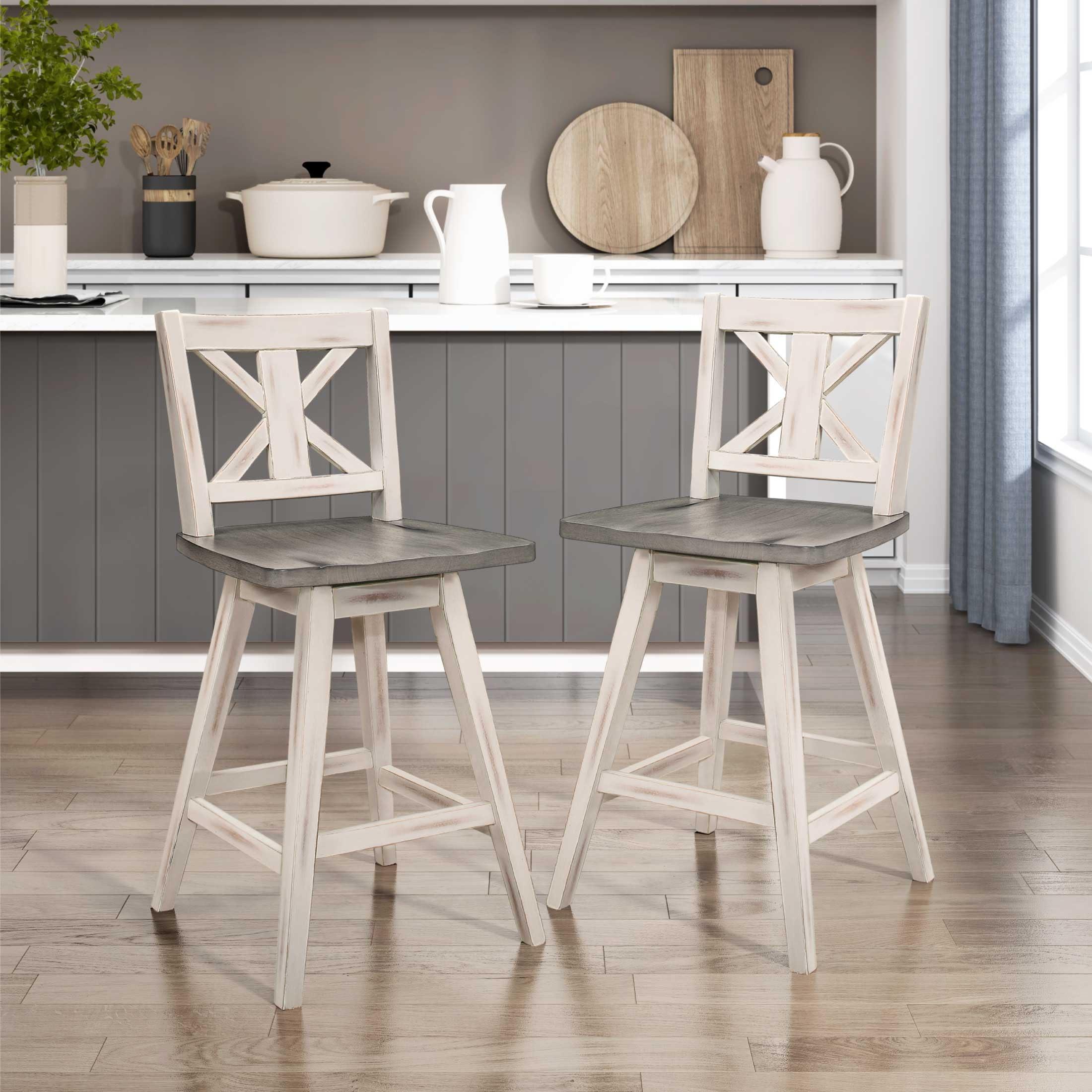 Solid Wood High Back Swivel Counter Height Bar Stools Set of 2, Kitchen Stools Counter Height, Foot Rest, X Back, Tall Wooden Armless Dining Chairs For Kitchen Island, Farmhouse, Rustic, White - Image 2