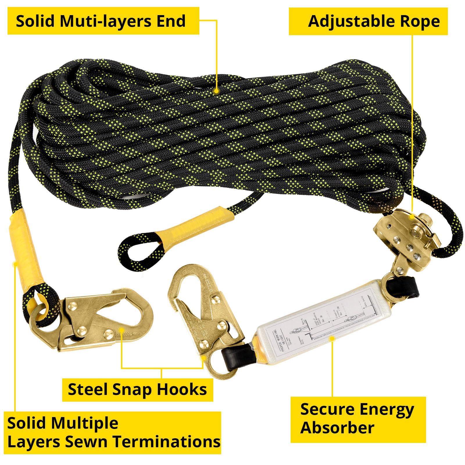 TRSMIMA Rope Harness Safety Lanyard：50ft Vertical Roofing Rope With Grab Snap Hooks Shock Absorber - Fall Protection Tree Climbing Line Kit Heavy Duty Roof Safety Equipment ANSI CE - Image 2