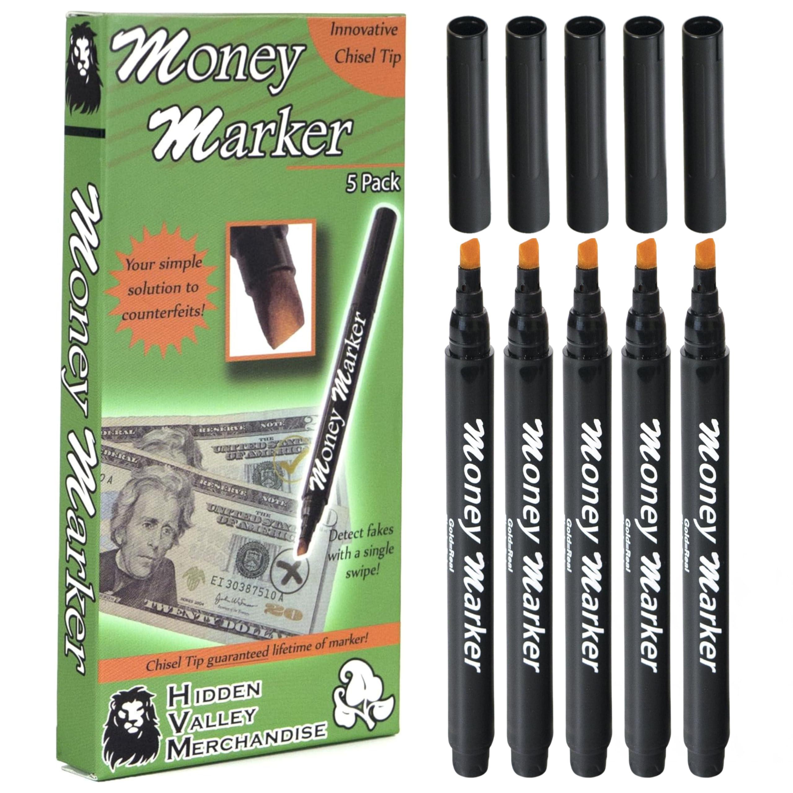 HVM Counterfeit Money Detector Pen (5 Counterfeit Pens) - Money Marker Bill Detector Pen with Upgraded Chisel Tip - Detect Fake Bills, Universal False Currency Checker Pack