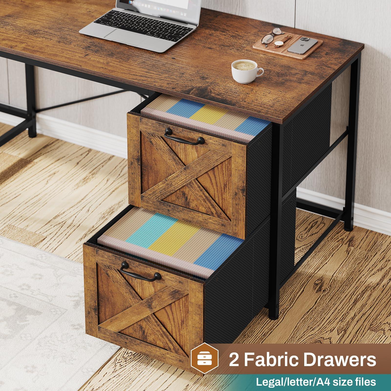 SEDETA L Shaped Desk with Drawers, 62.2" Home Office Desk with Fabric File Drawers and Power Outlet, L Shaped Desk with Hutch, Storage Shelves, LED Lights, Rustic Brown - Image 6